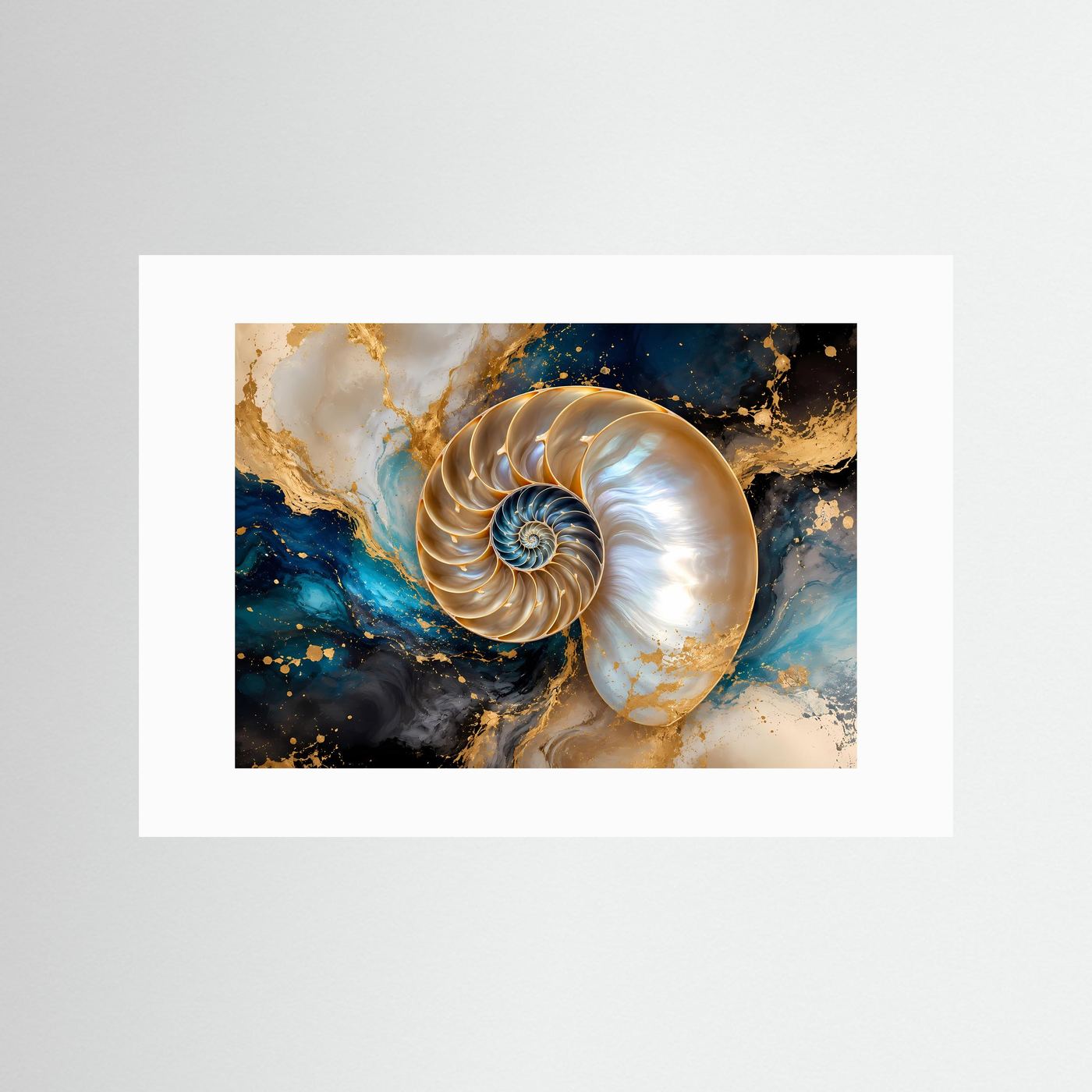Faszination Nautilus-Muschel in Gold & Petrol | Modernes Wandbild mit Fluid Art & Ozean-Motiv