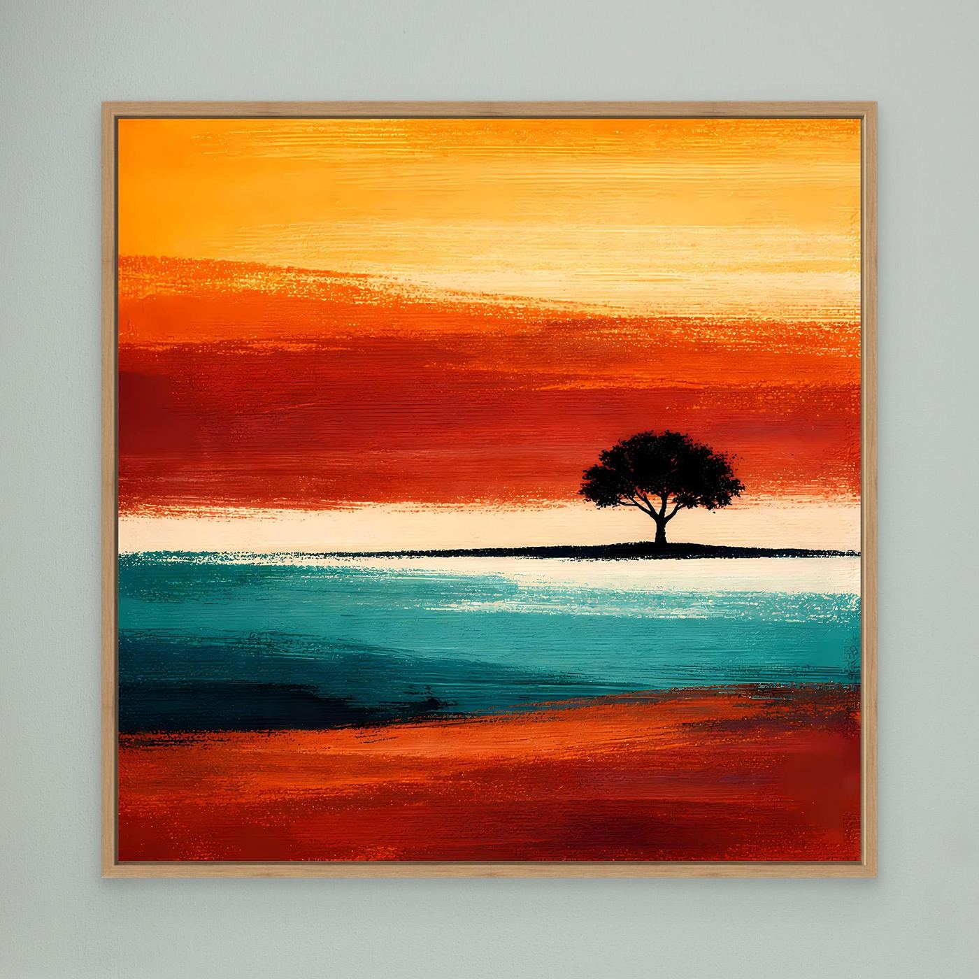 Leinwandbild mit Baum am Horizont, Türkis-Orange, Eichenrahmen