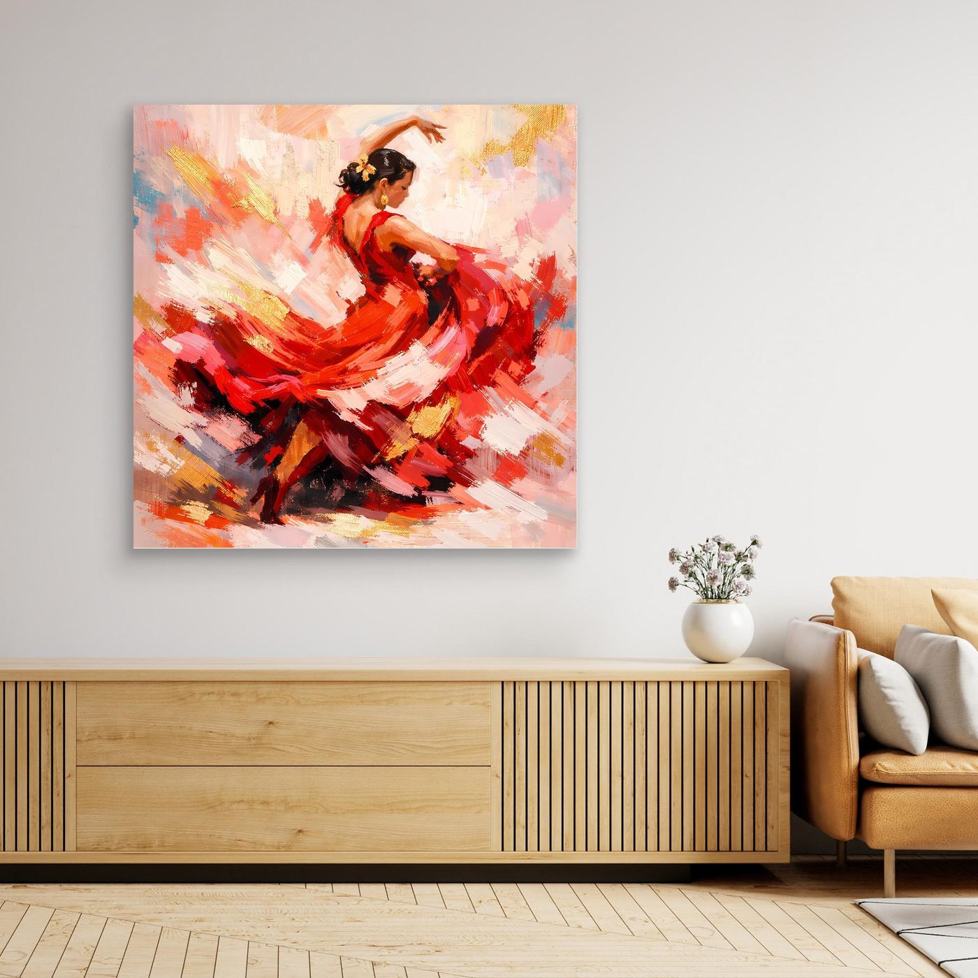 Leinwandbild Flamenco-Tänzerin, abstrakte rote Farbflächen, ohne Rahmen