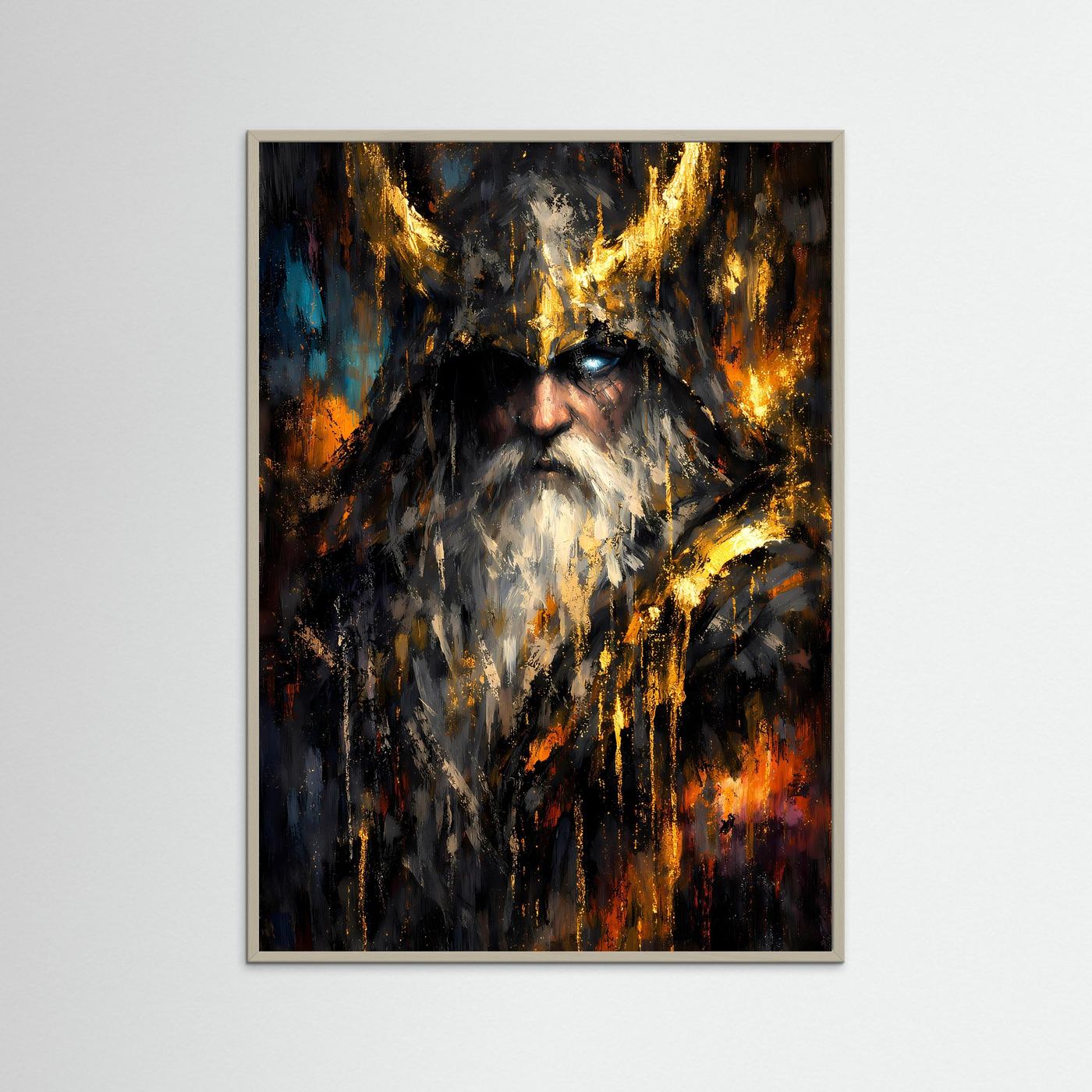 Wikinger-Poster im grauen Holzrahmen, Odin-Gesicht abstrakt mit Goldakzenten