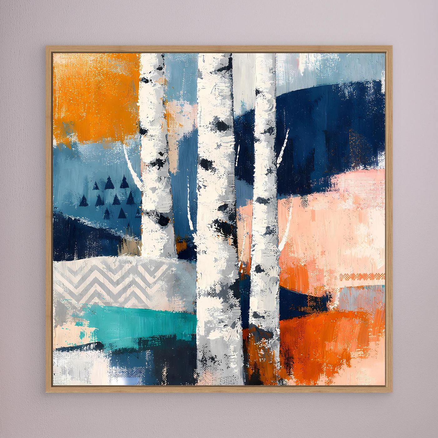 Leinwandbild mit abstrakten Birkenstämmen in Weiß, Blau- und Orangeflächen, Holzrahmen