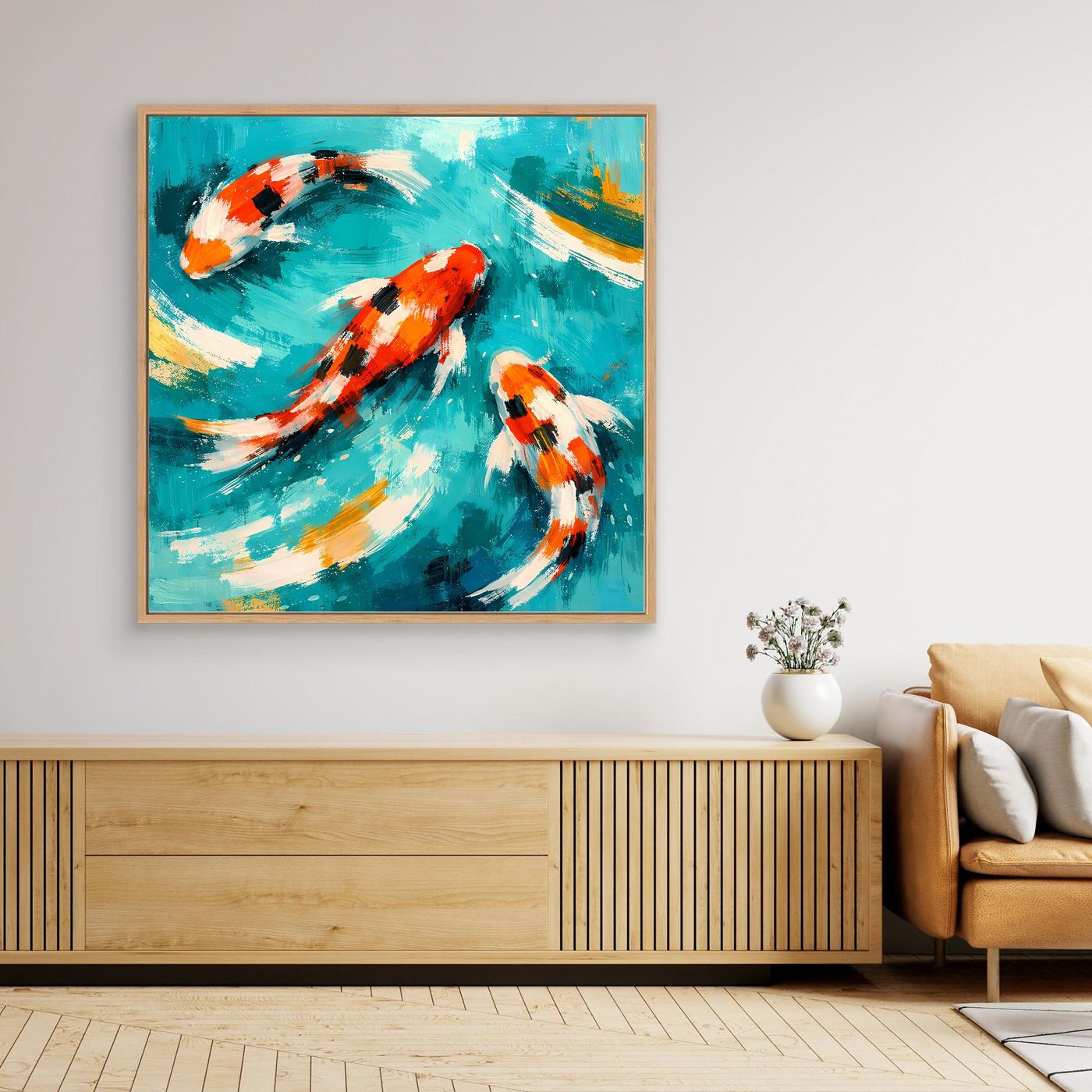 Leinwand Dynamische Koi-Karpfen im smaragdgrünen Wasser | Fernöstliches Wandbild auf Keilrahmen