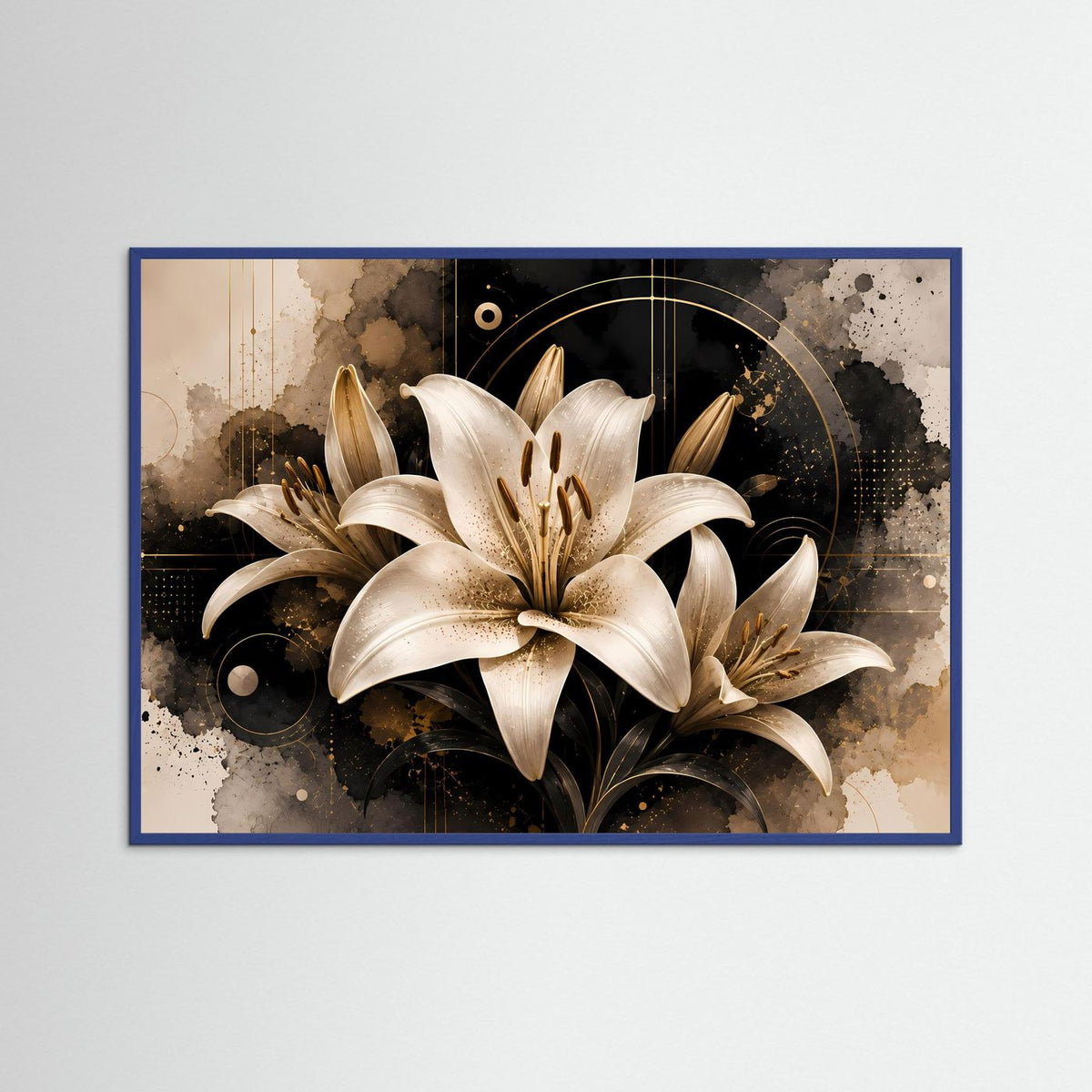 Gerahmtes Poster im Querformat mit weißen Lilienblüten, blaues Rahmen, Beige und Schwarz