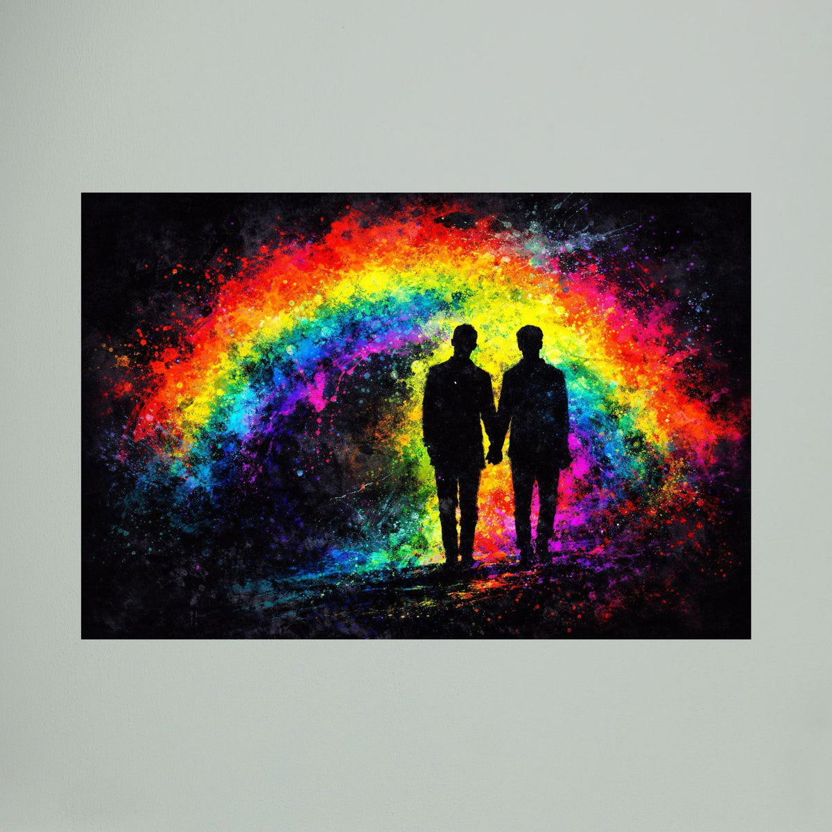 Gerahmtes Wandbild im Querformat mit Silhouettenpaar vor leuchtendem Regenbogenbogen