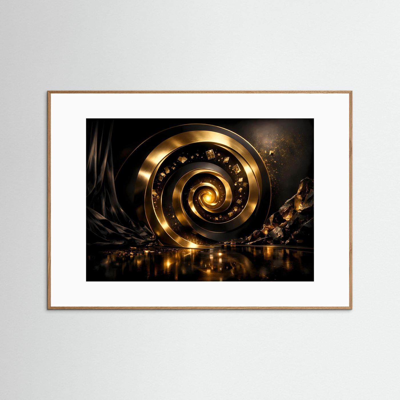 Wandbild mit goldener 3D-Spirale, brauner Holzrahmen im Querformat