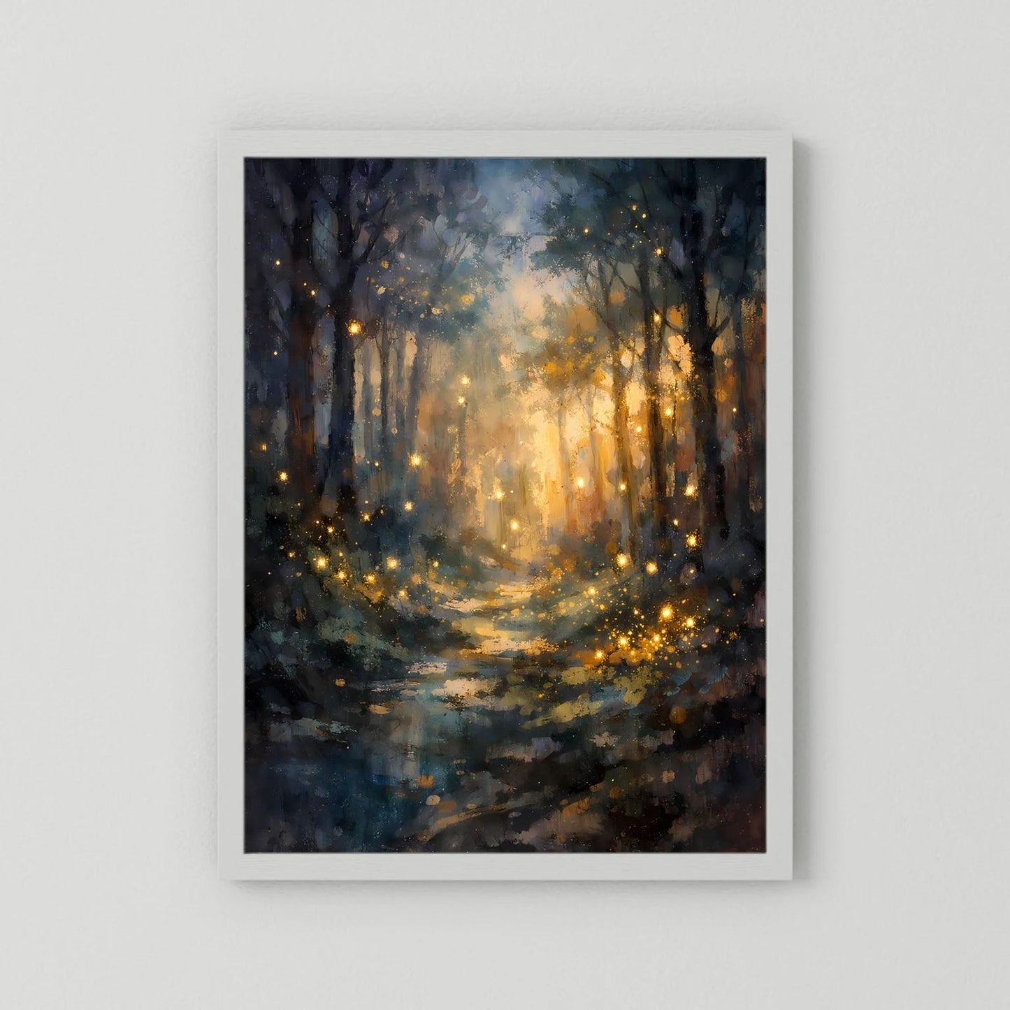 Wandbild Hochformat mit Waldszene, goldenen Lichtpunkten und hellem Licht, weißer Rahmen