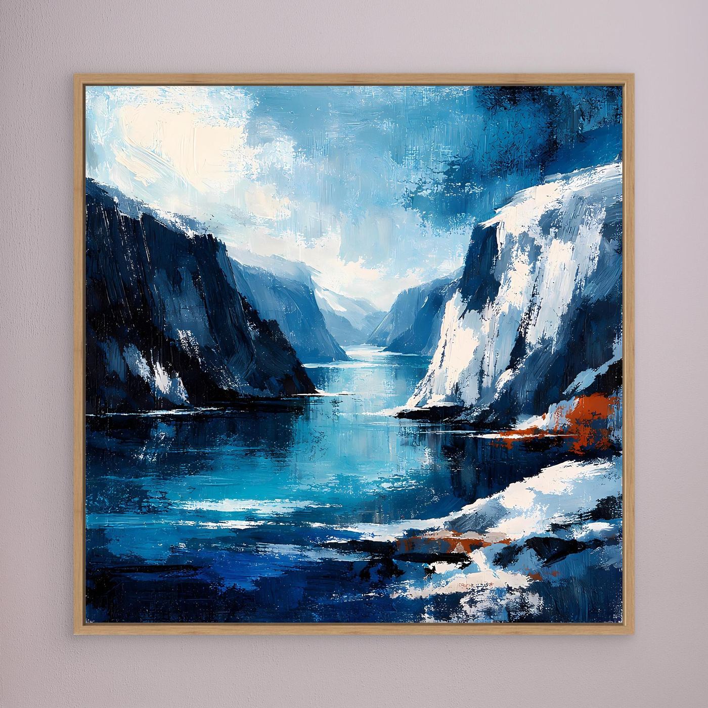 Leinwand-Wandbild mit abstrakter Felsküste und blauem Meer, goldbraun gerahmt
