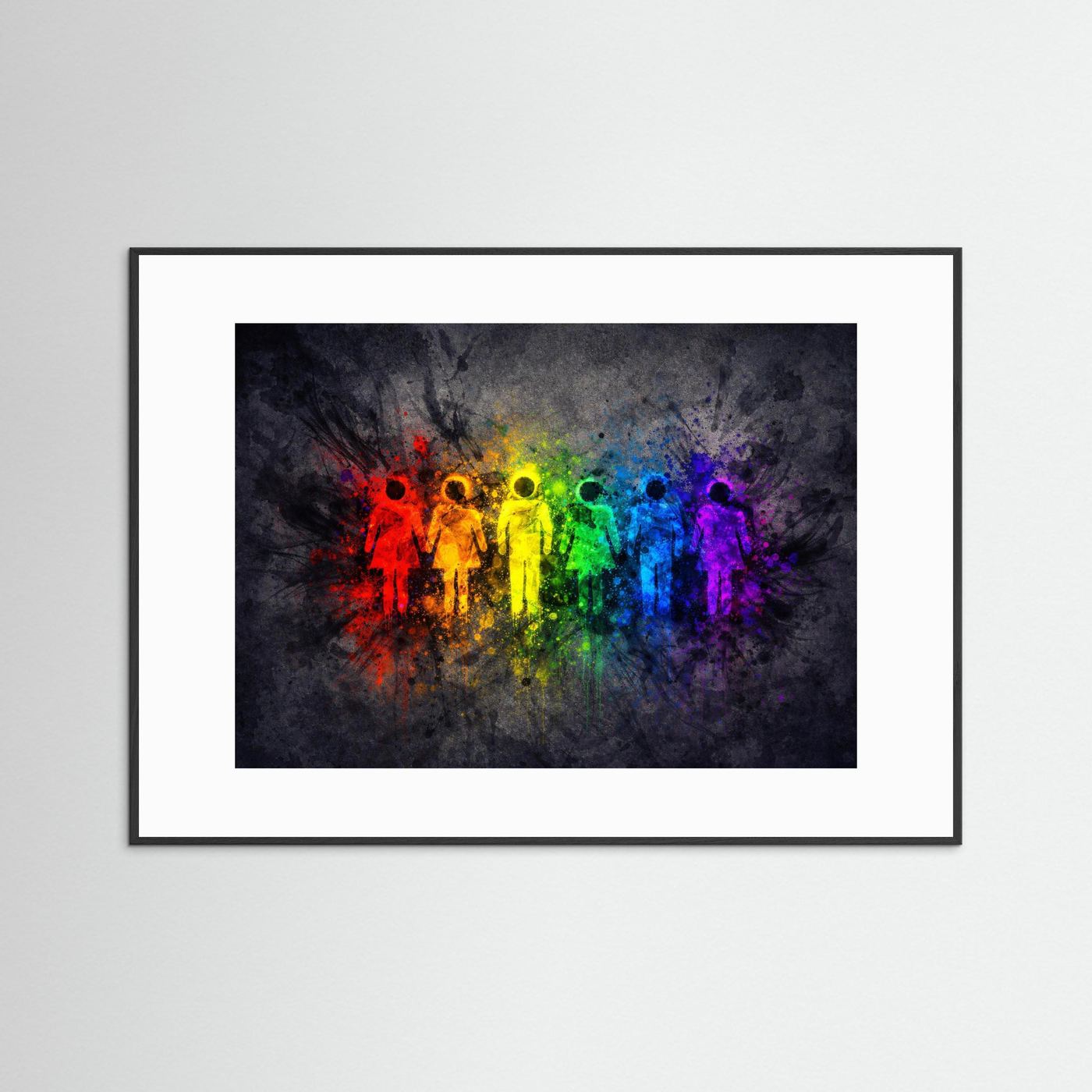 Poster mit Regenbogen-Menschen-Silhouetten, schwarzer Rahmen