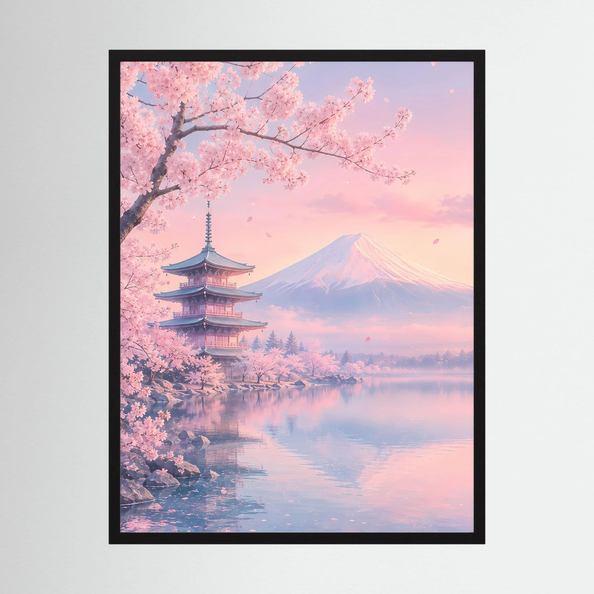Hochformatiger Posterprint mit Kirschblüten, Fuji und Pagode im Pastellrosa, schwarzer Rahmen