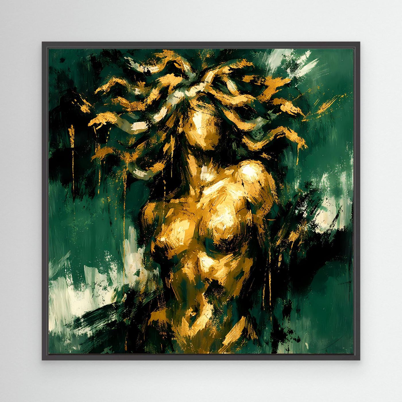 Leinwand Mystische Medusa in Smaragdgrün | Abstraktes Mythologie Wandbild Gold