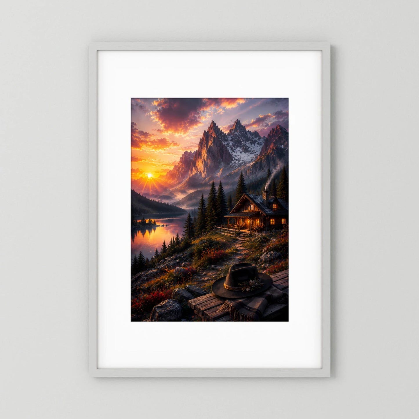 Poster im Hochformat mit Bergsee und Berghütte im Sonnenuntergang, hell eingefasst