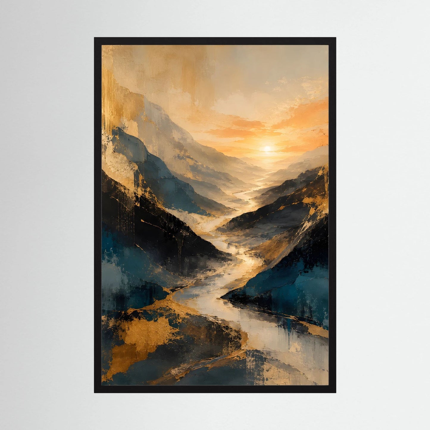 Kunstposter im Hochformat mit abstraktem Bergtal, Fluss, Blau- und Goldtönen, schwarzer Rahmen