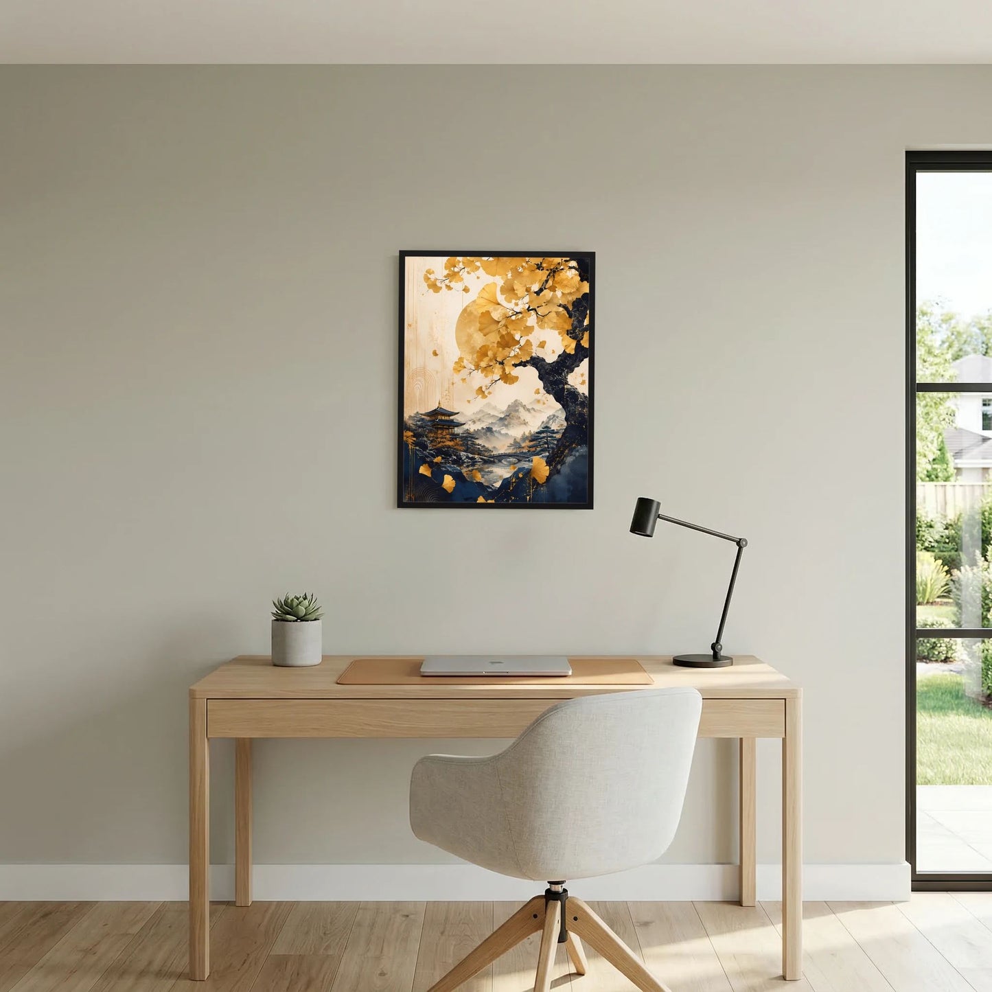Hochformatiges Poster mit goldenem Ginkgobaum und Bergpanorama, schwarzer Rahmen