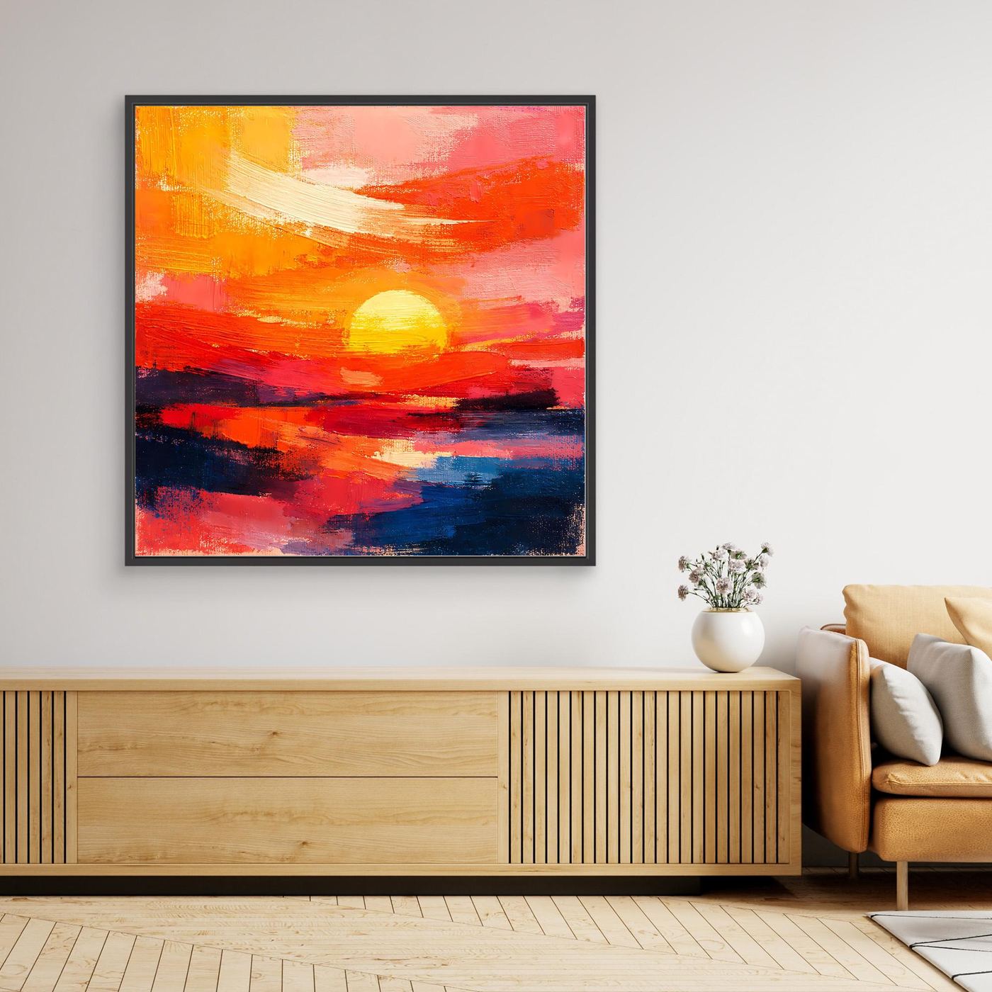 Framed canvas wall art with black frame, abstract sunset over sea in red and blue