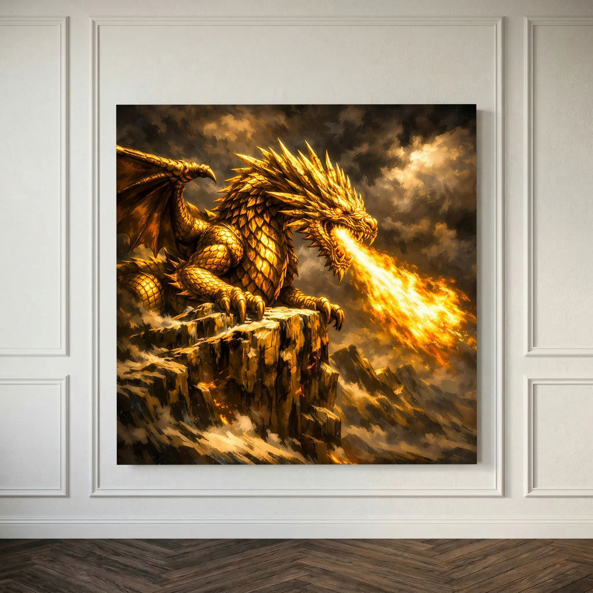Leinwand-Fantasy-Wandbild mit goldenem Drachen, feuerspeiend vor dunklem Rauchhintergrund