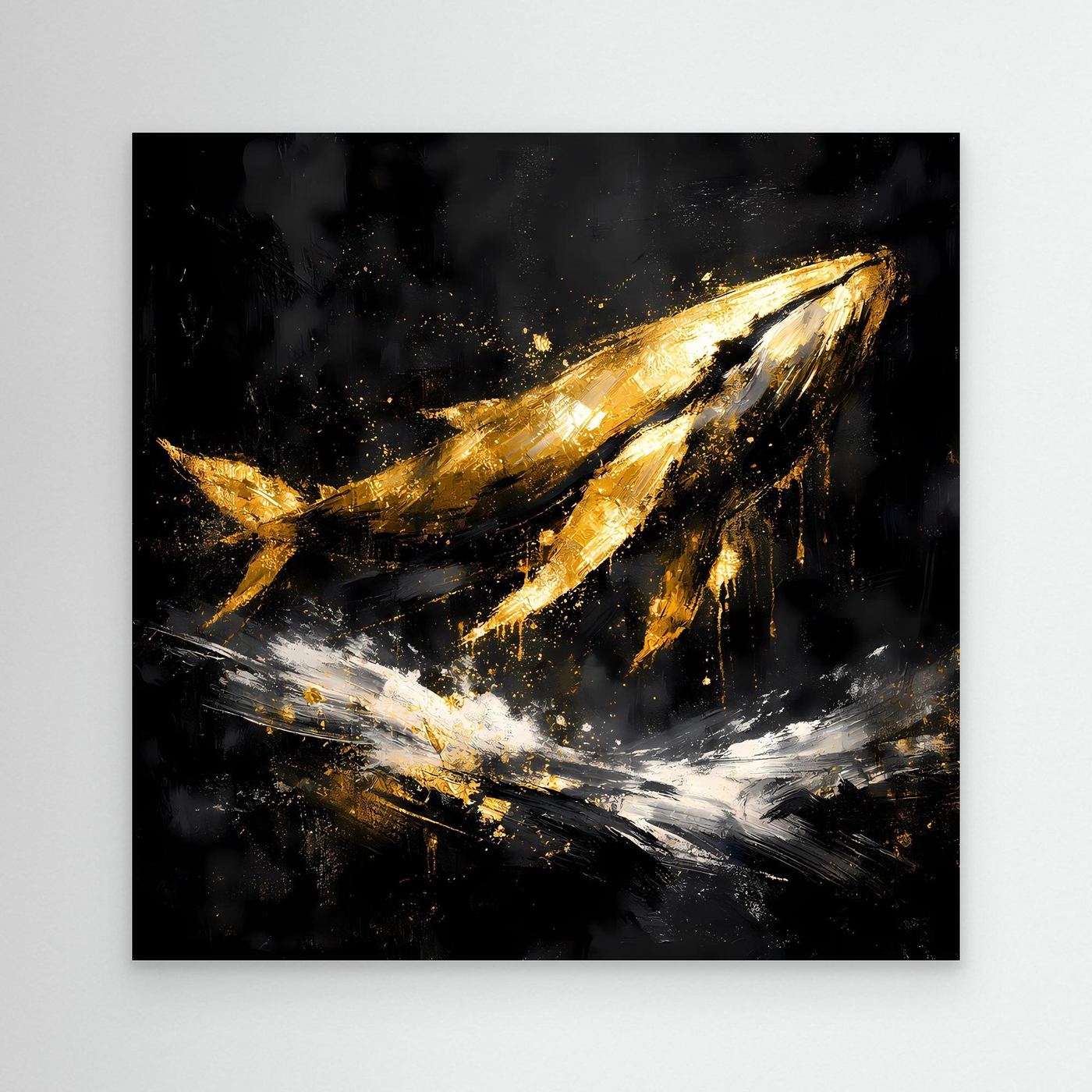 Leinwand Majestätischer Wal in Gold und Schwarz | Modernes Abstraktes Meeres Wandbild