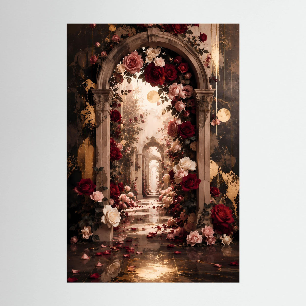 Hochformatiges Poster mit Rosenbogen und roten sowie rosafarbenen Blumen