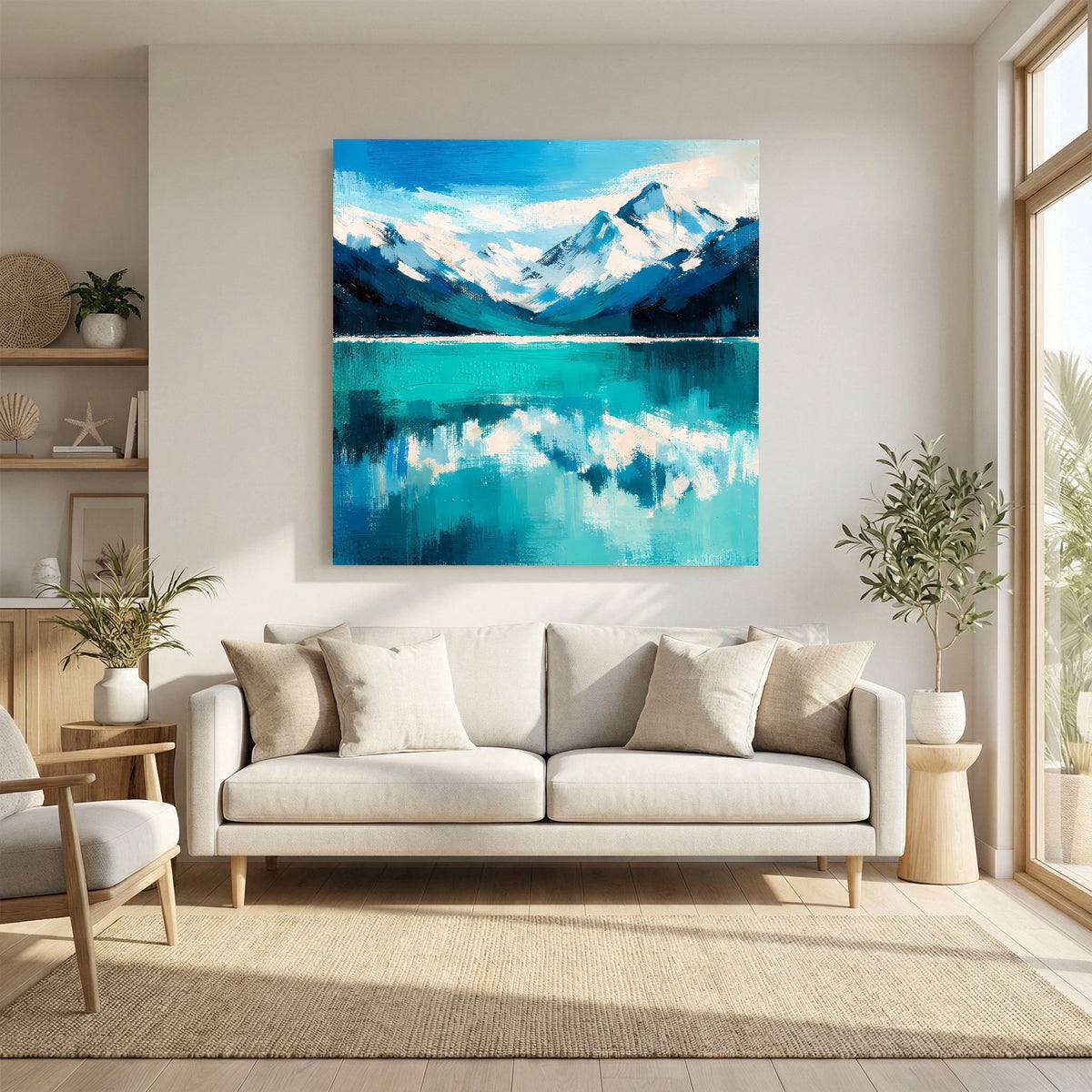 Leinwand Abstraktes Bergsee Gemälde | Modernes Alpines Wandbild Türkis Blau
