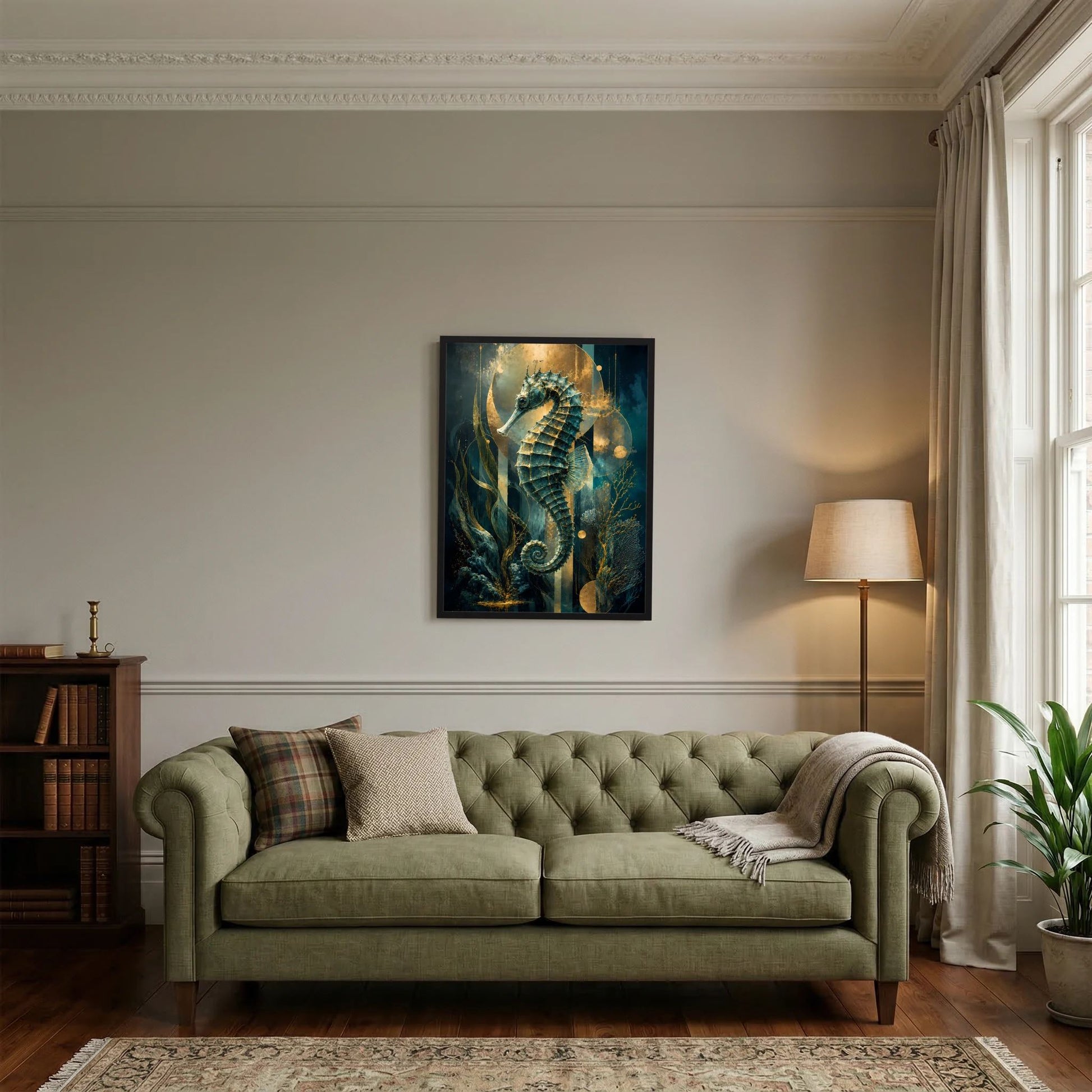 Gerahmtes Poster mit Seepferdchen-Motiv in Petrol und Gold, abstrakte Unterwasserwelt