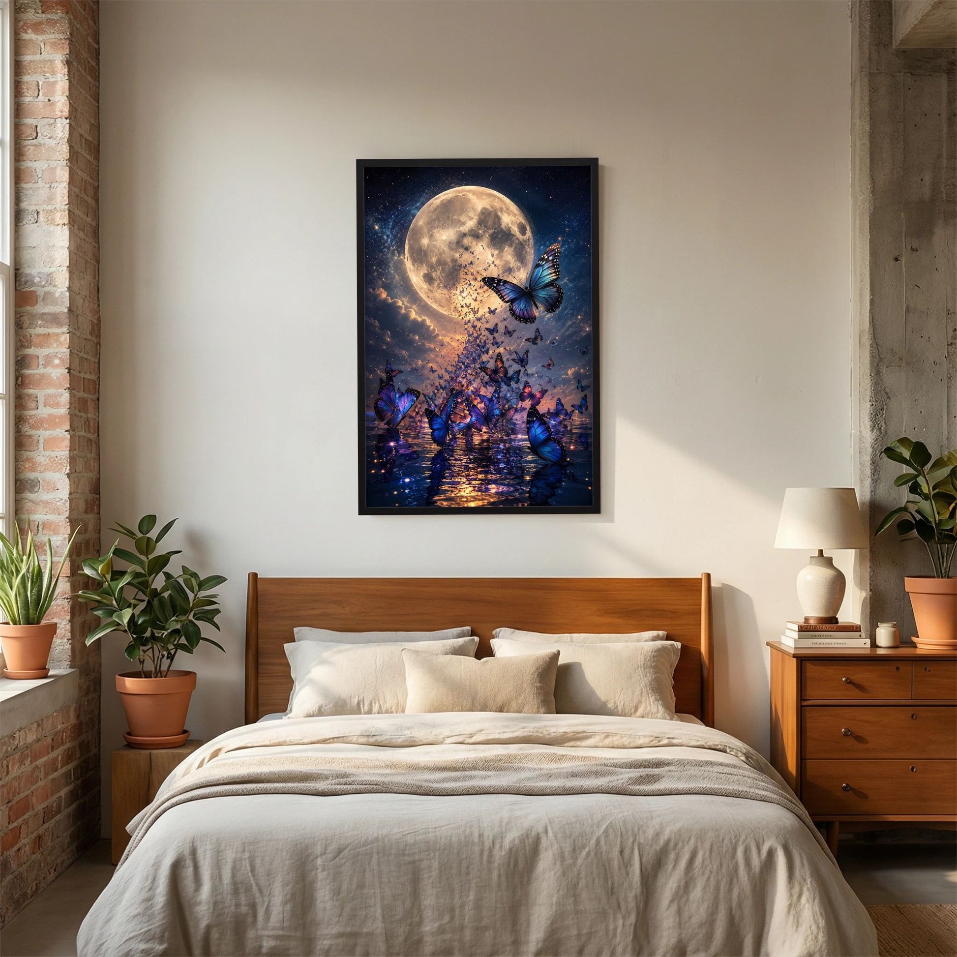 Poster im schwarzen Rahmen im Schlafzimmer: goldener Mond und blaue Schmetterlinge