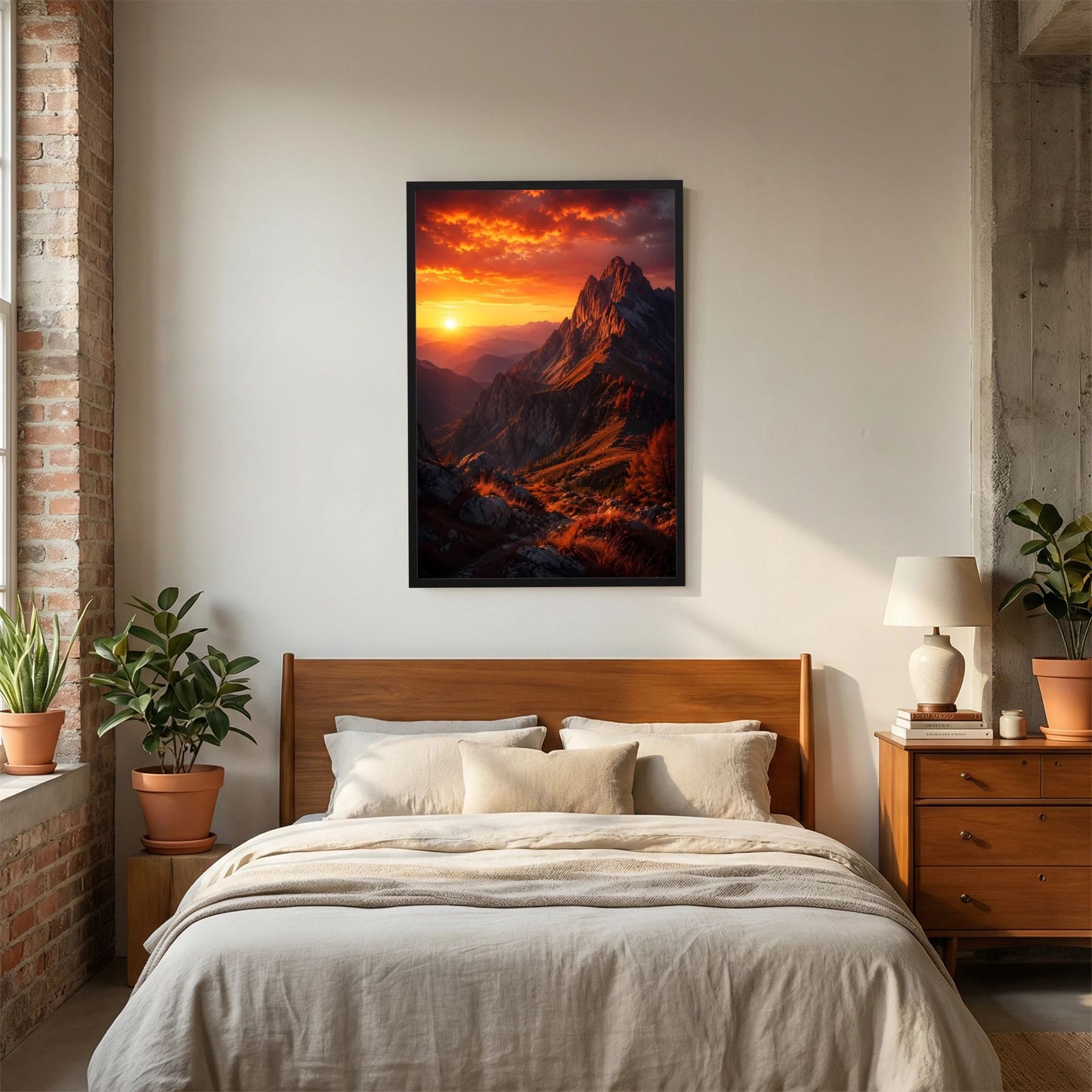 Wandposter im Hochformat mit Berglandschaft im Sonnenuntergang, warmes Orange, schwarzer Rahmen