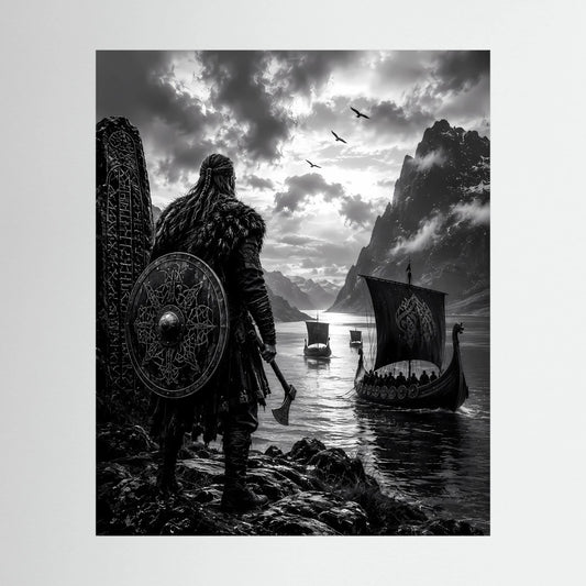 Hochformatiges Schwarzweiß-Poster mit Wikingerkrieger, Rundschild und Langschiff am Fjord