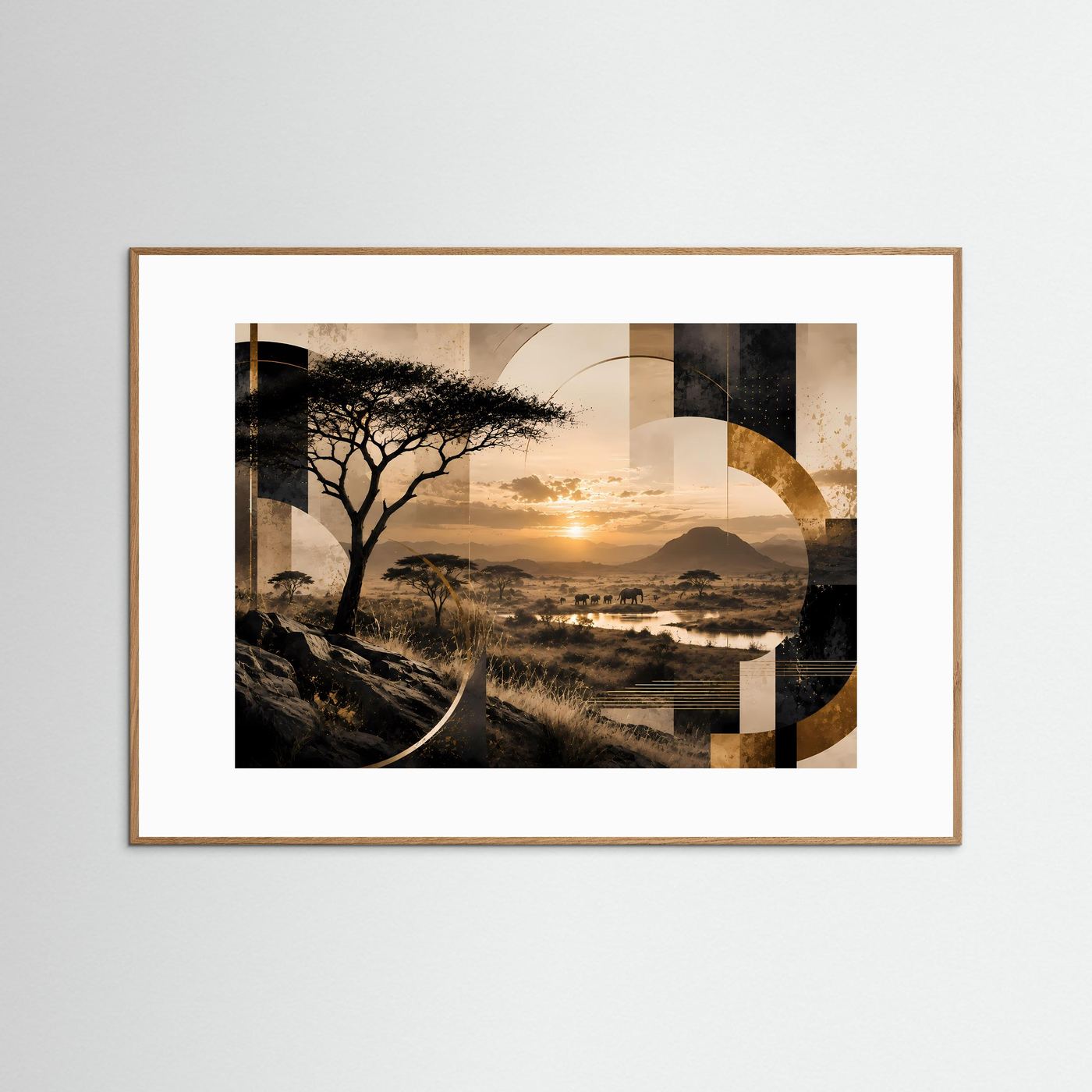 Afrika Safari Poster Querformat | Elefanten & Akazien im Sonnenuntergang