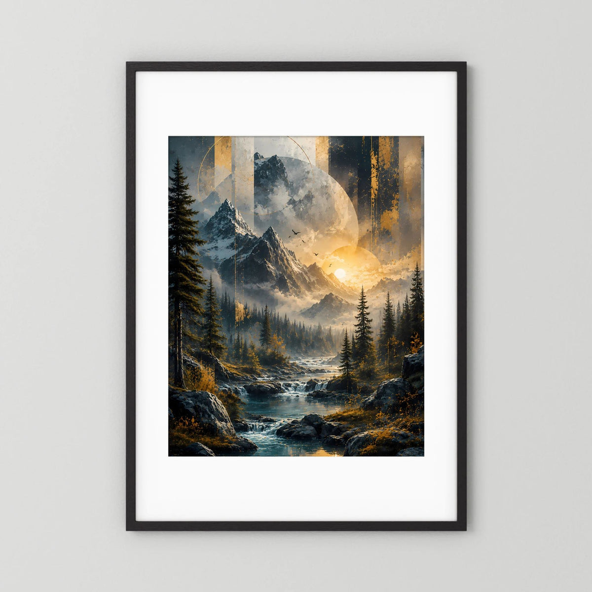 Poster Hochformat im schwarzen Rahmen mit weißem Rand: Berge, Fluss und goldenes Sonnenlicht