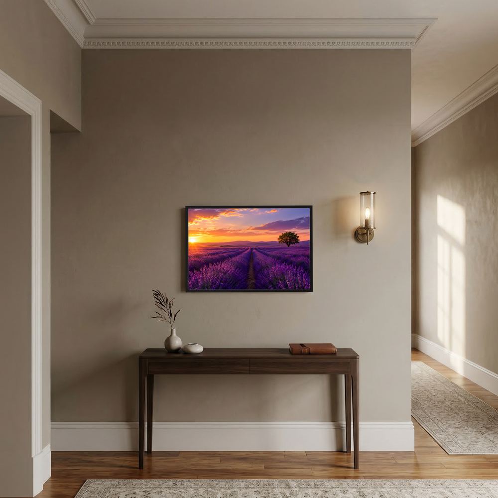 Landschafts-Wandbild mit Lavendelfeld im Sonnenuntergang, lila Felder, rechteckiger Rahmen
