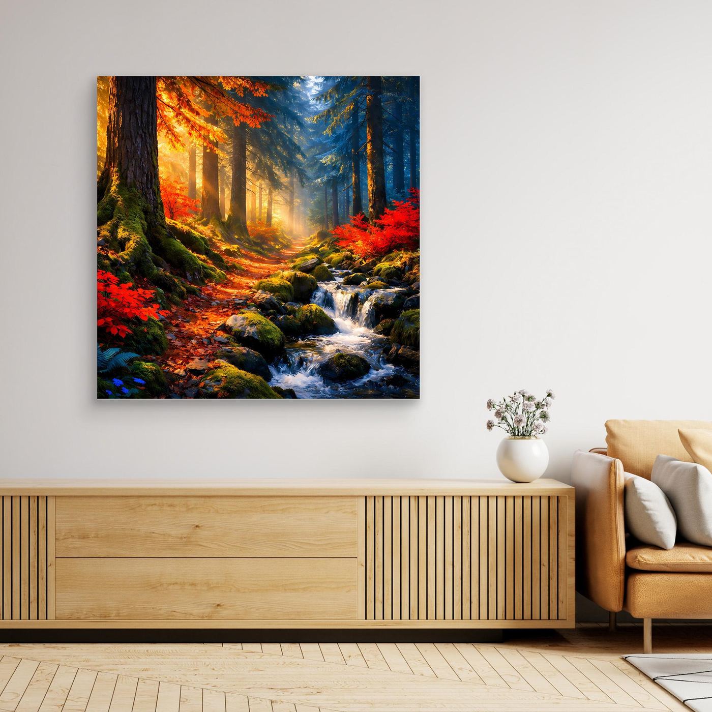 Wandbild Wald am Bachlauf im goldenen Herbst mit schwarzem Rahmen, Stromschnellen