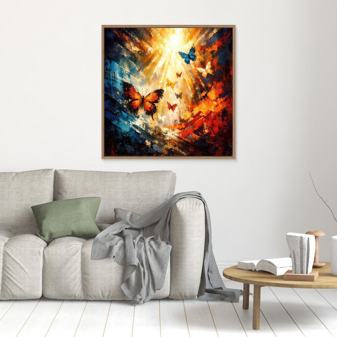 Abstraktes Leinwandbild mit Schmetterlingen, quadratisch, Holzrahmen hell