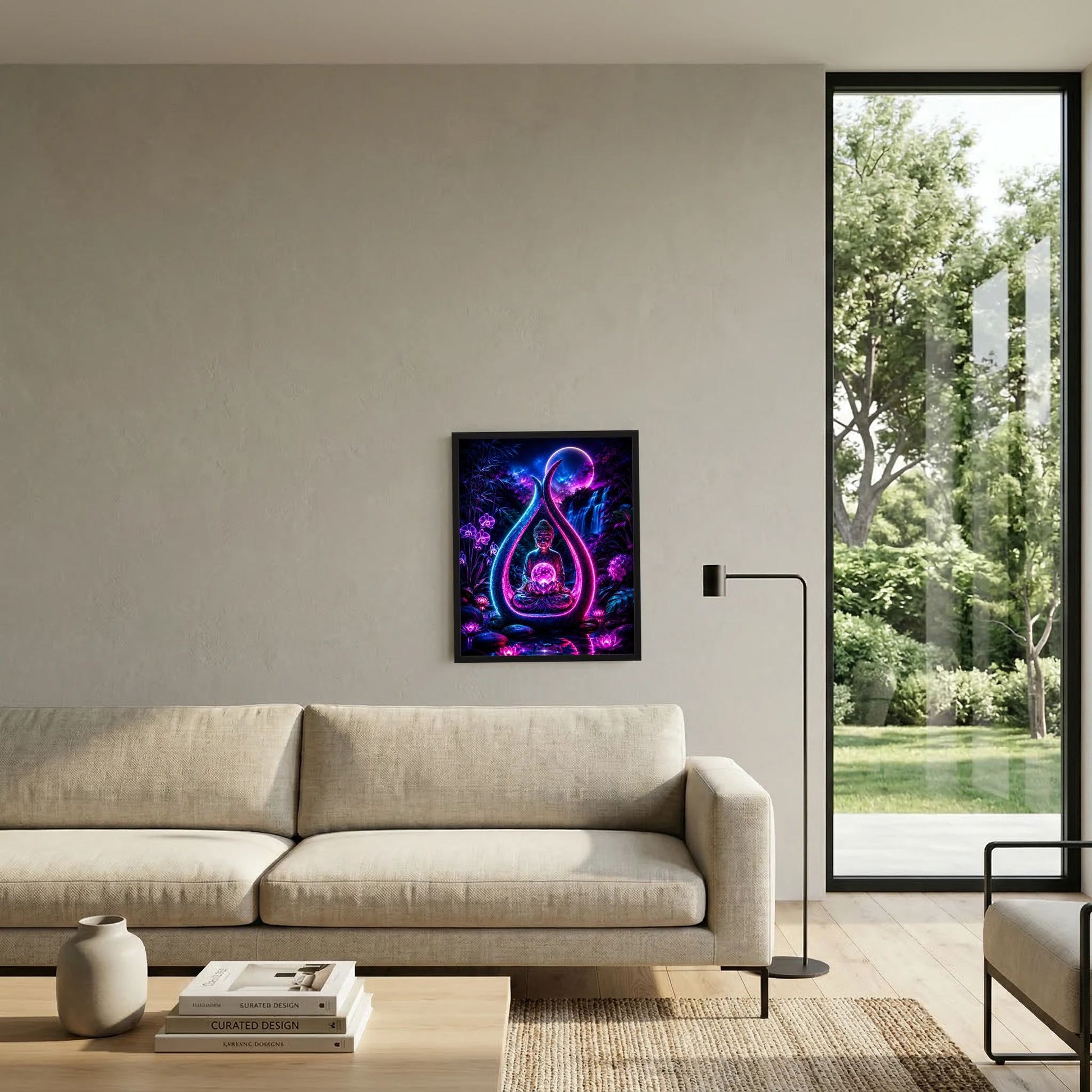 Gerahmtes Poster mit Neon-Buddha im Lotus und Mond, violett-blaues Leuchtmotiv