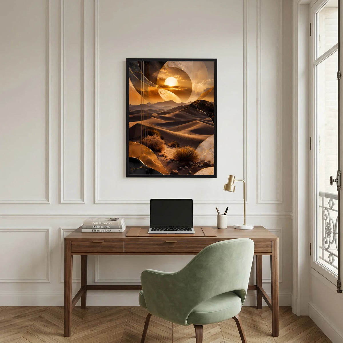 Hochformatiges Poster mit Wüstenlandschaft, goldenem Sonnenkreis und Dünen im schwarzen Rahmen