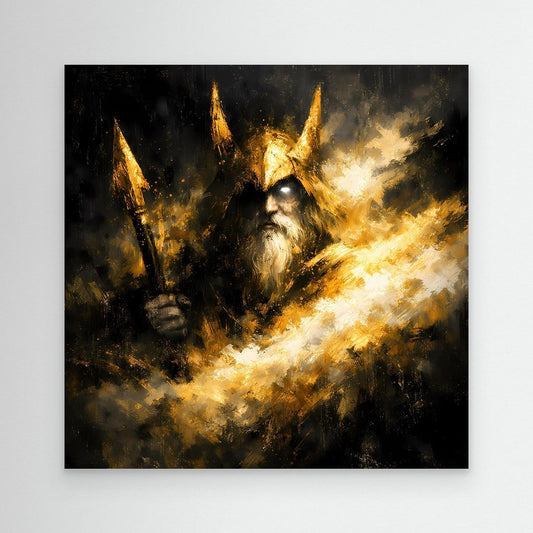 Wandbild mit Odin-ähnlichem Wikingerkopf, speerartigen Stäben und goldener Flammenwirkung