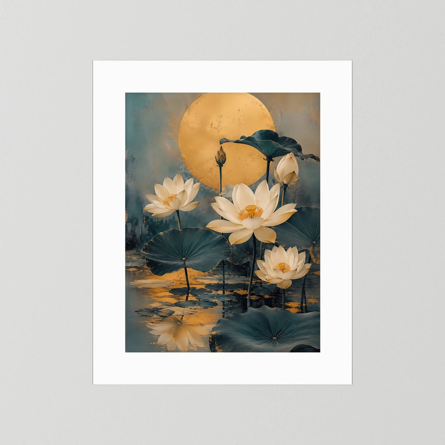 Hochformat-Poster mit goldener Mondscheibe und weißen Lotusblüten, weißer Rand