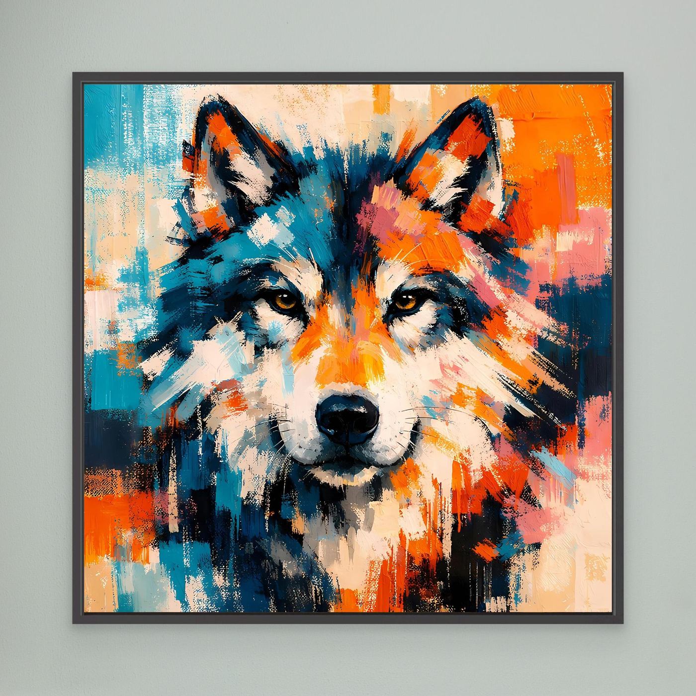 Framed abstract wolf face canvas print in blue, orange, and white