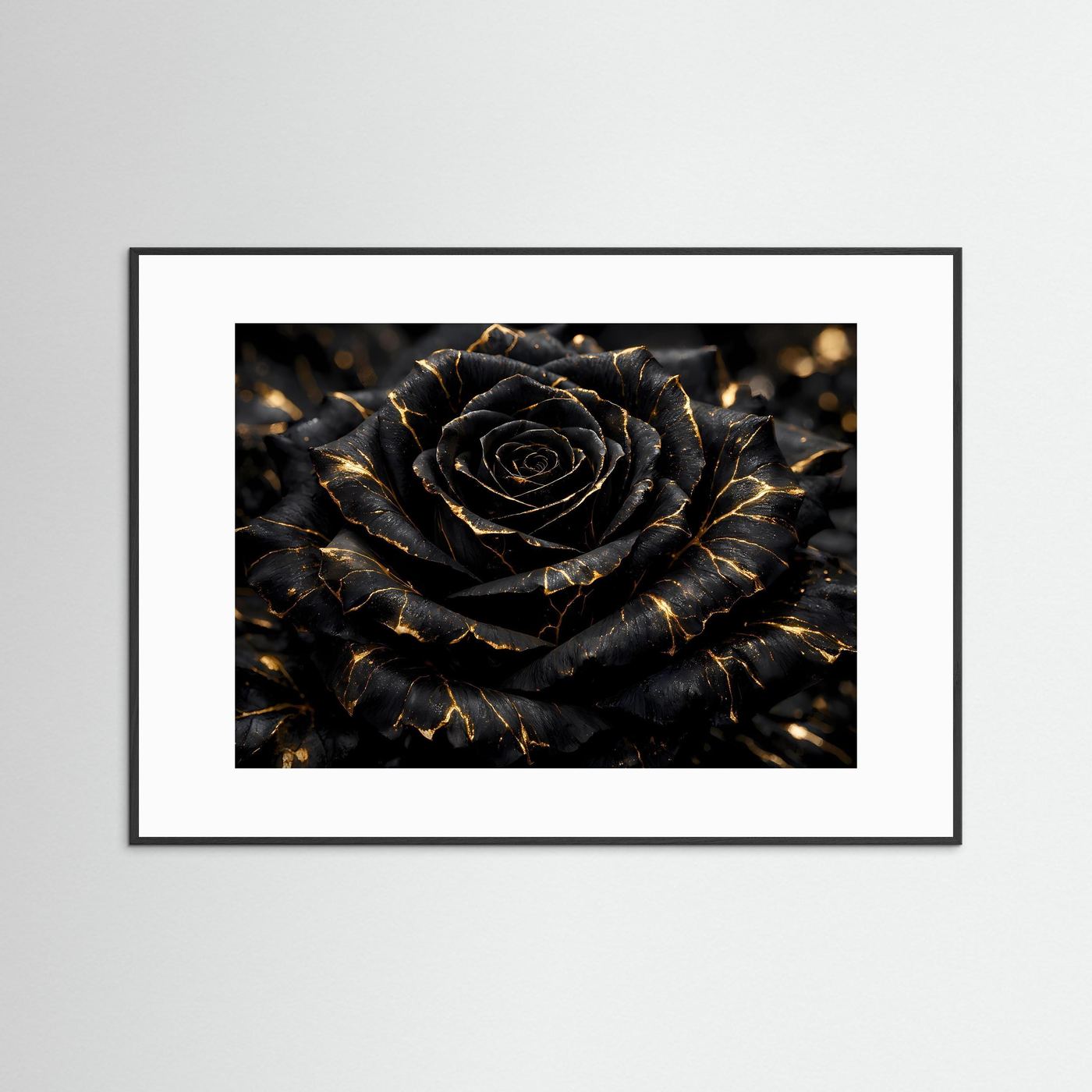 Wandbild mit schwarzer Rose und goldenen Adern im schwarzen Rahmen