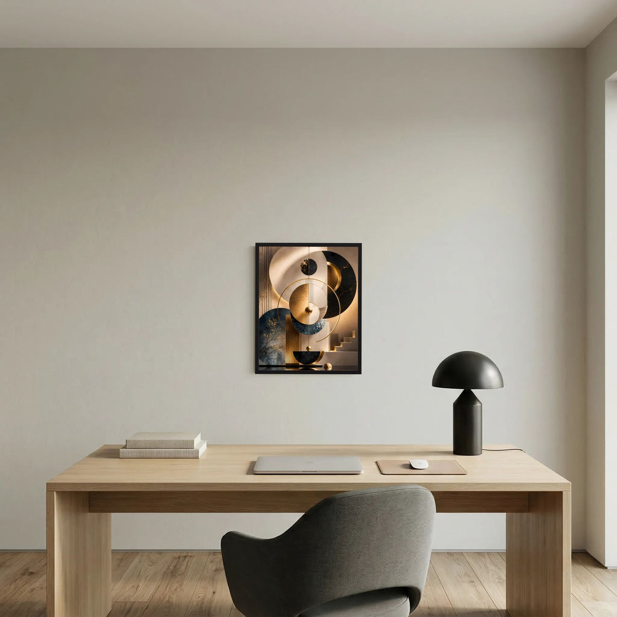Gerahmtes abstraktes Poster mit gold-schwarzen Kreisen, beige und petrol Elemente