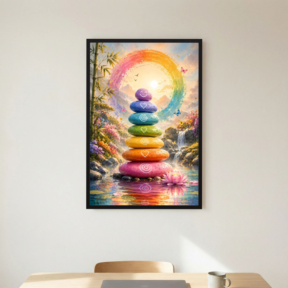 Poster im Hochformat mit schwarzem Rahmen: Regenbogen-Steinturm und Lotus