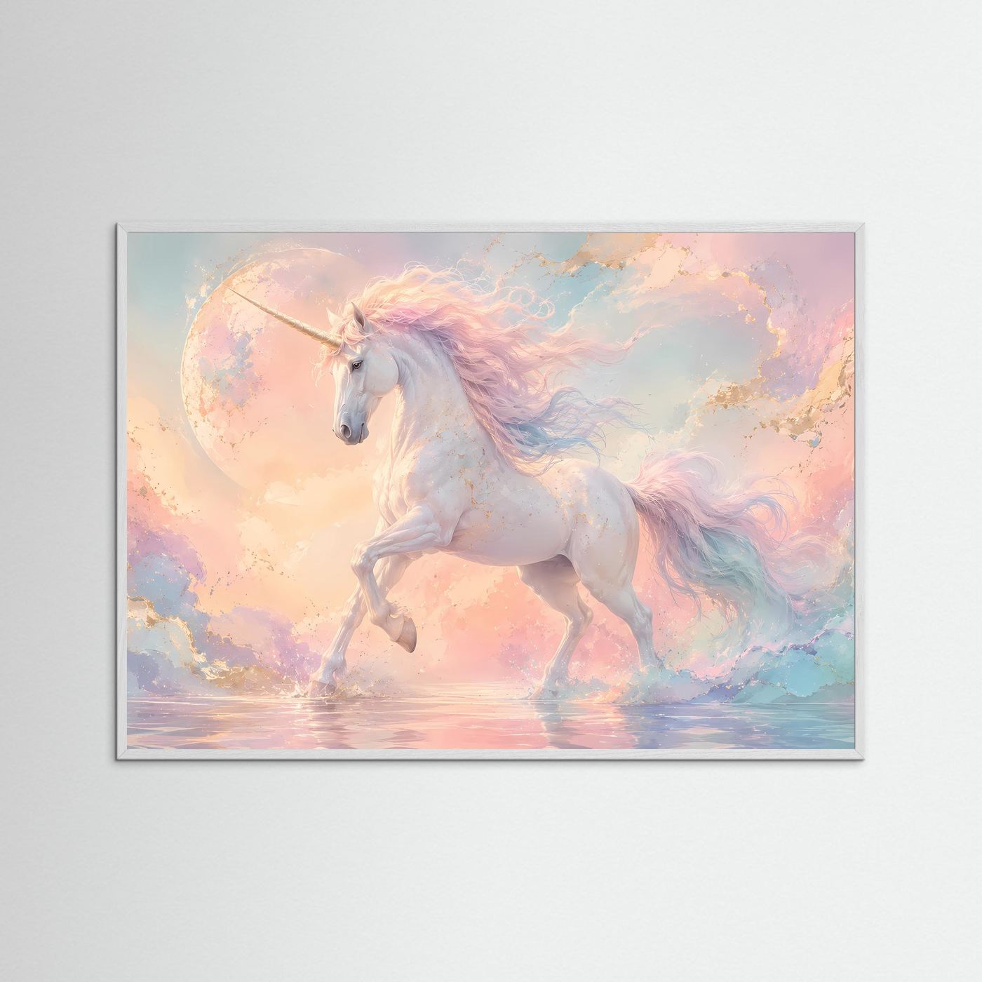 Magisches Einhorn Poster Querformat | Fantasie Wandbild Pastell Himmel & Mond | Mystische Fantasy Kunst