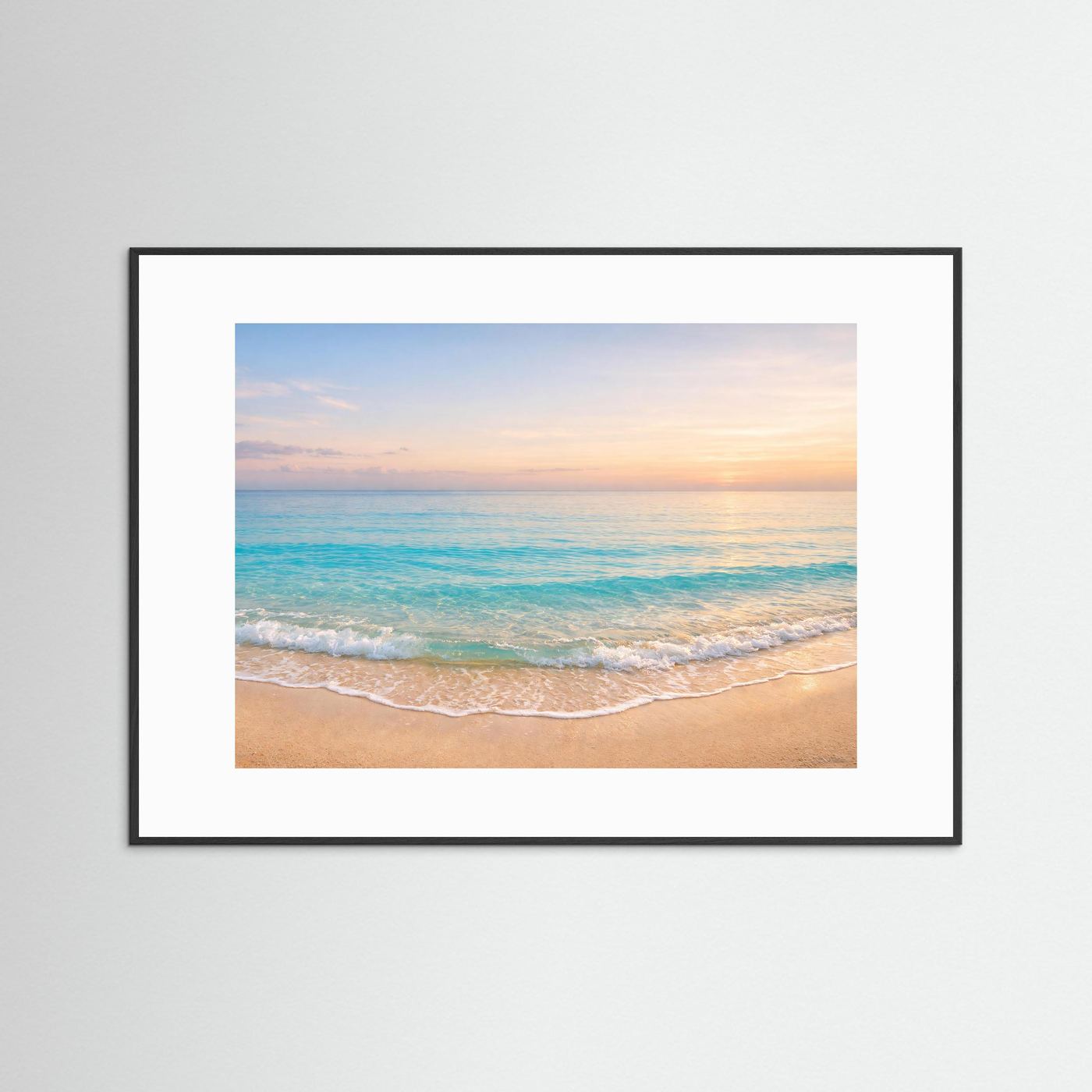 Poster mit Strand- und Meerbild im Querformat, schwarzer Rahmen