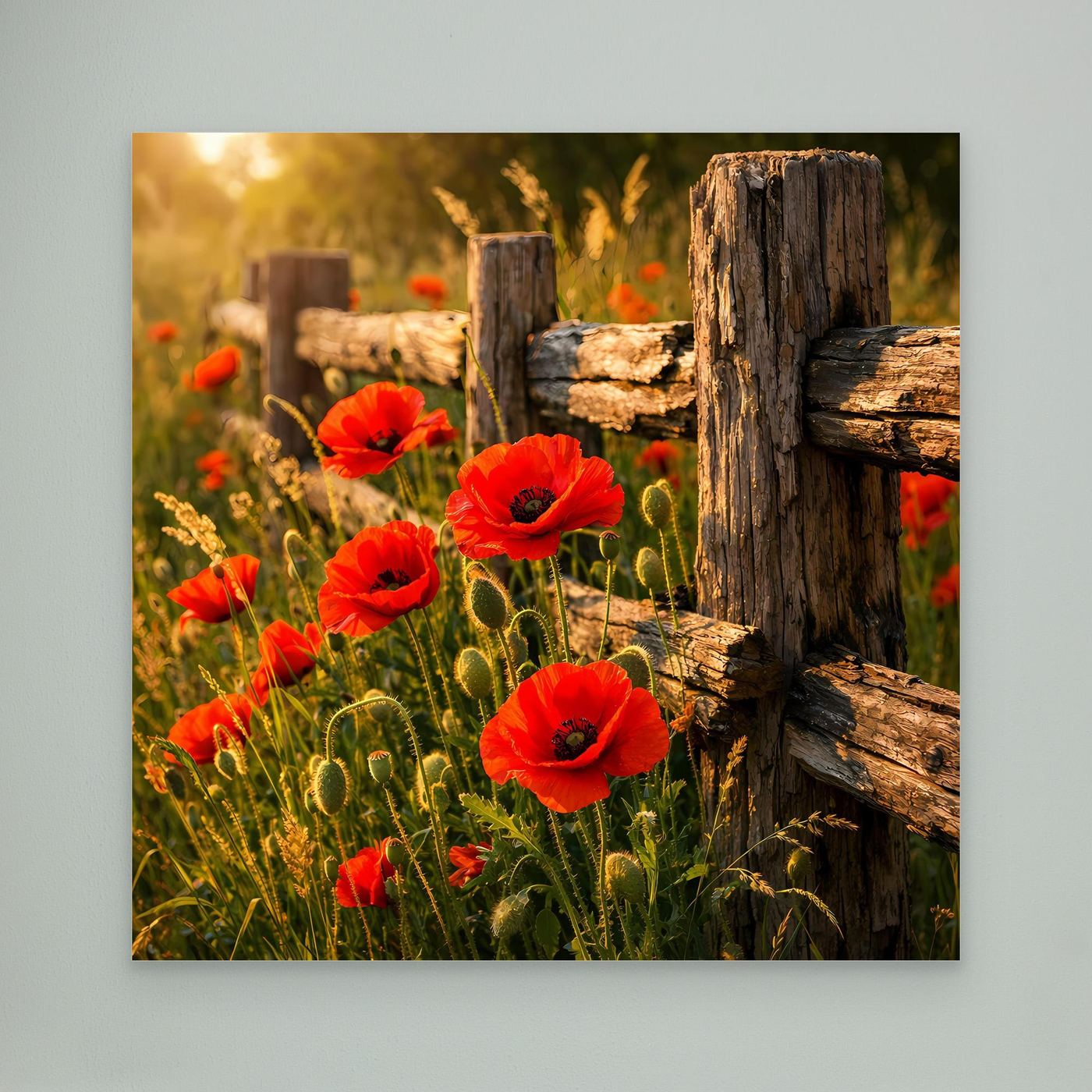 Leinwandbild mit roten Mohnblumen am Zaun, quadratisch, dunkler Rand