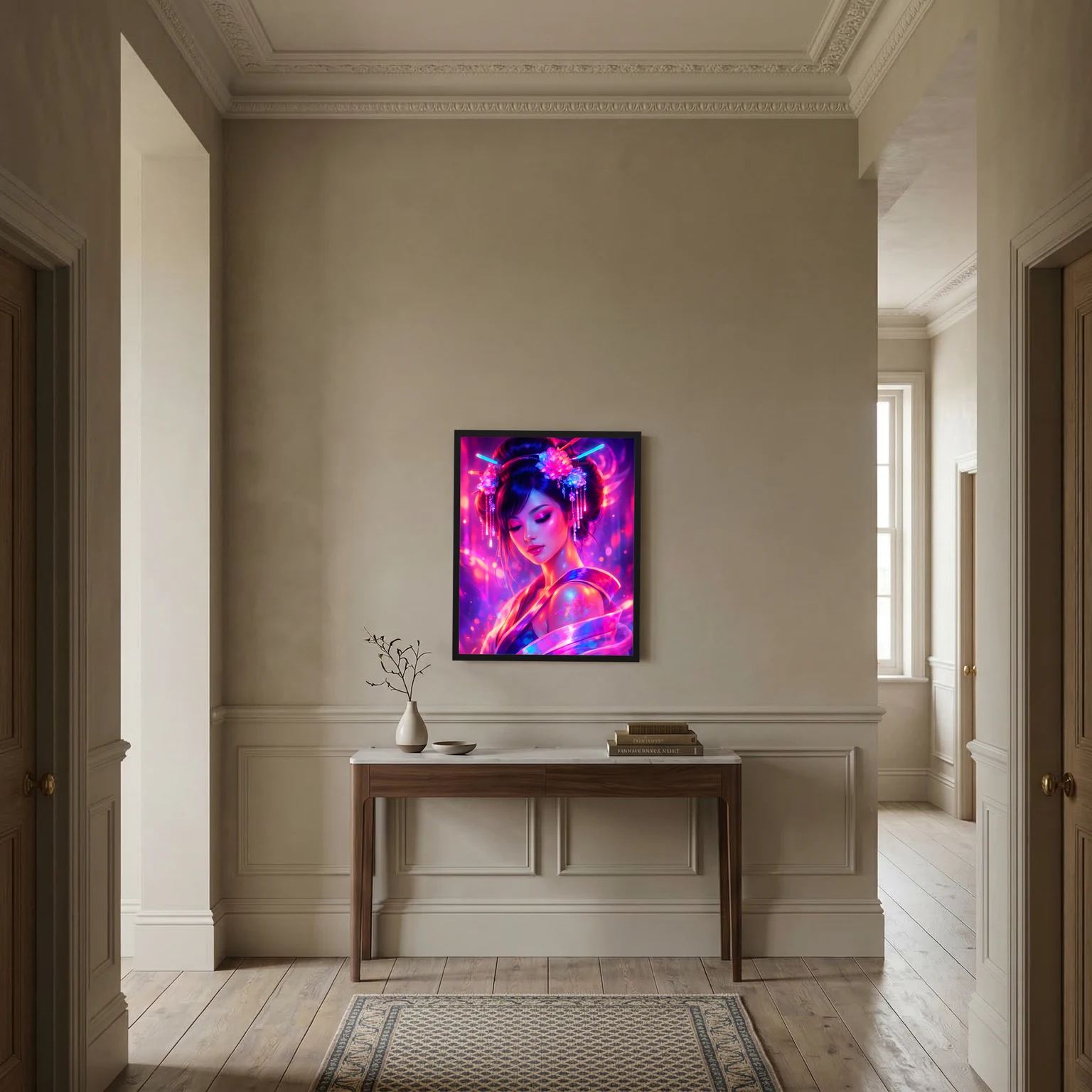 Gerahmtes Neon-Wandbild mit geishaähnlicher Frau und Blumen-Haarreif, lila-blauem Licht