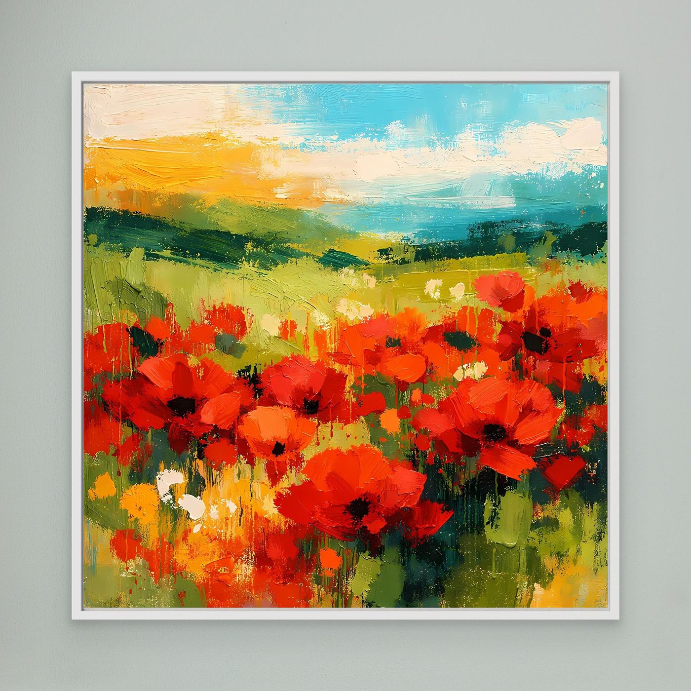 Abstract landscape wall art with red poppies, green fields, and blue sky; white frame