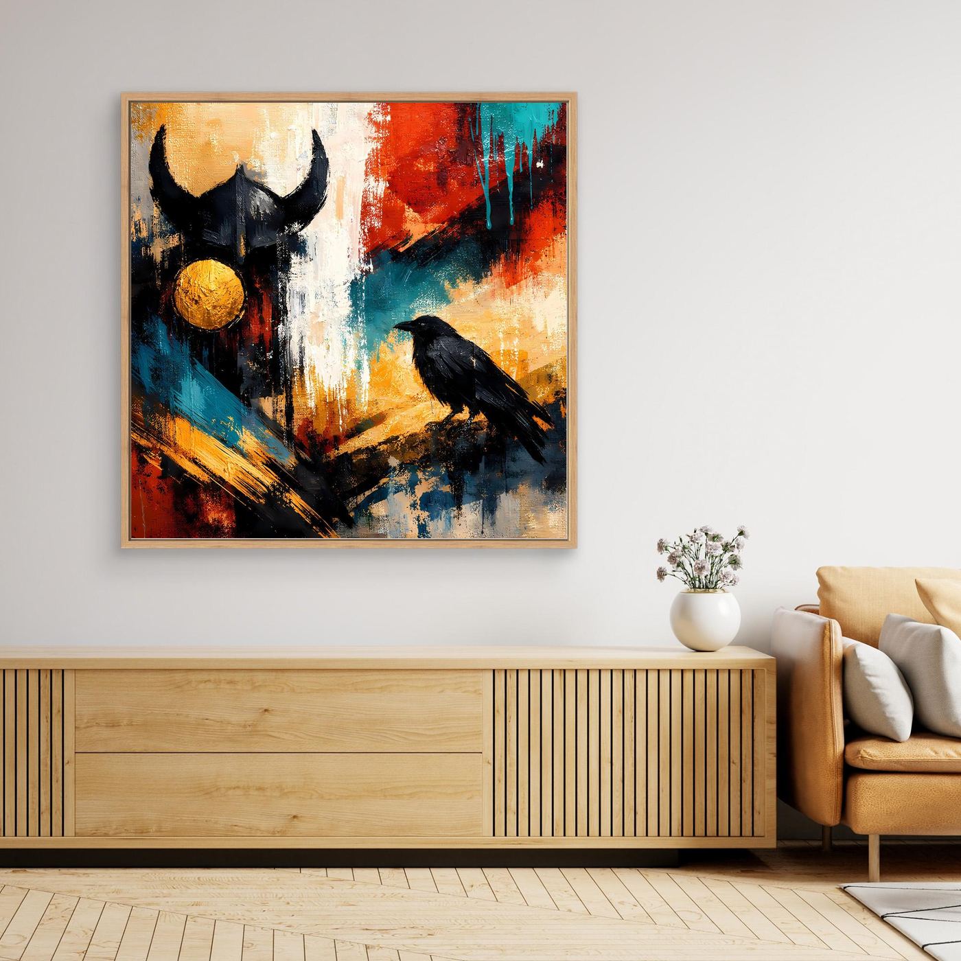 Leinwand-Wandbild mit hellem Holzrahmen, schwarzer Rabe und Odin-Gestalt, abstrakt in Blau, Rot, Gold