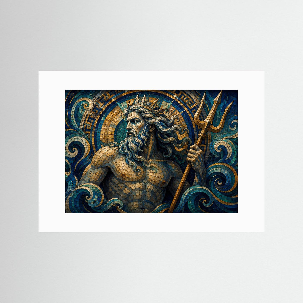 Querformat-Poster mit Poseidon-Mosaik und Dreizack, mit weißem Passepartout