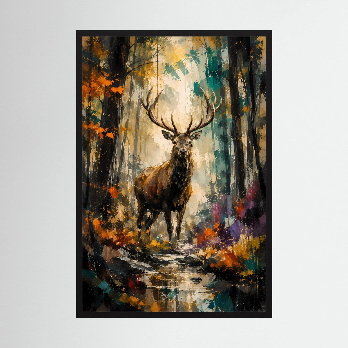 Majestätischer Hirsch | Abstrakte Waldkunst in Gold und Türkis | Poster Hochformat