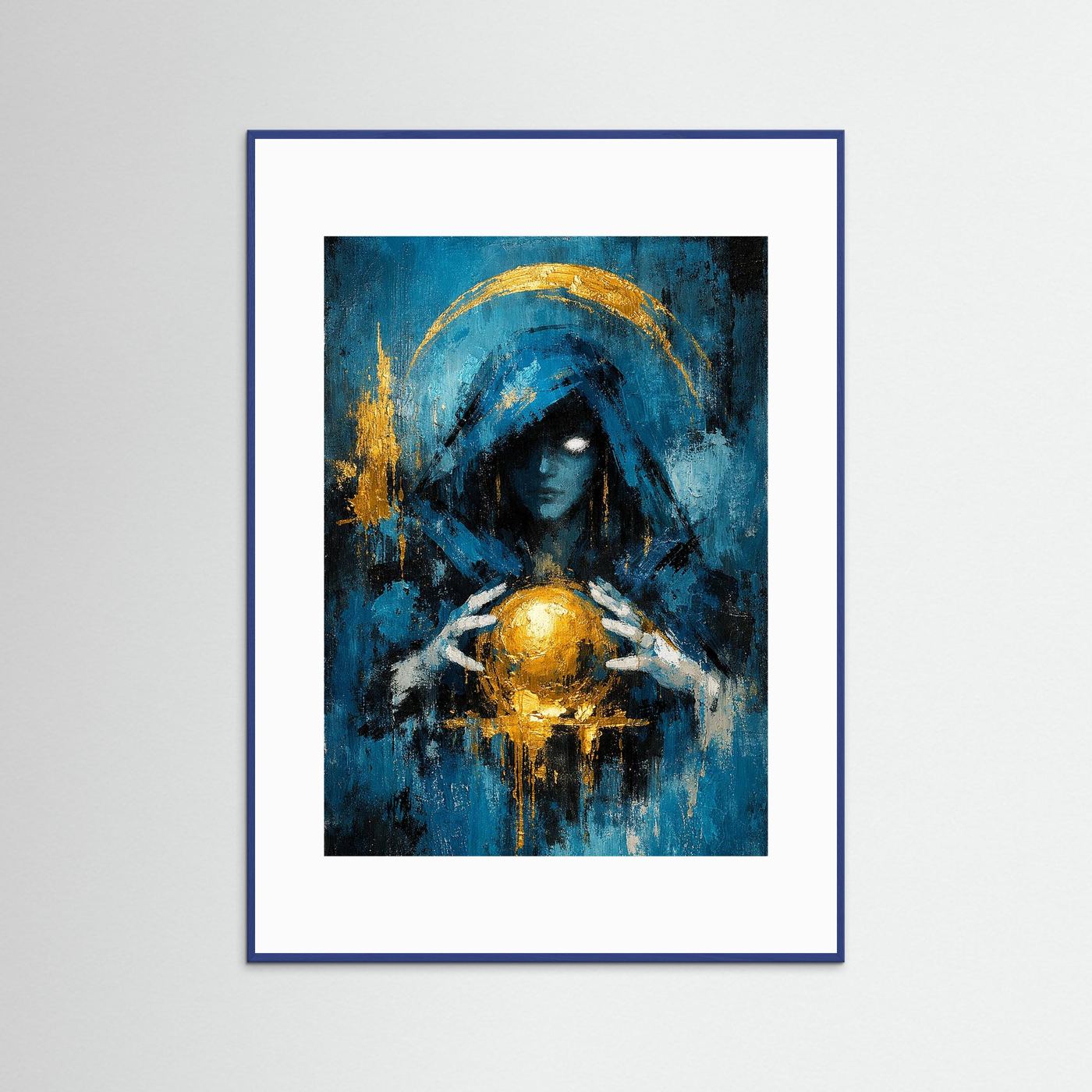 Hochformatiges Fantasy-Poster mit blauer Frau, goldener Kugel und blauem Rahmen