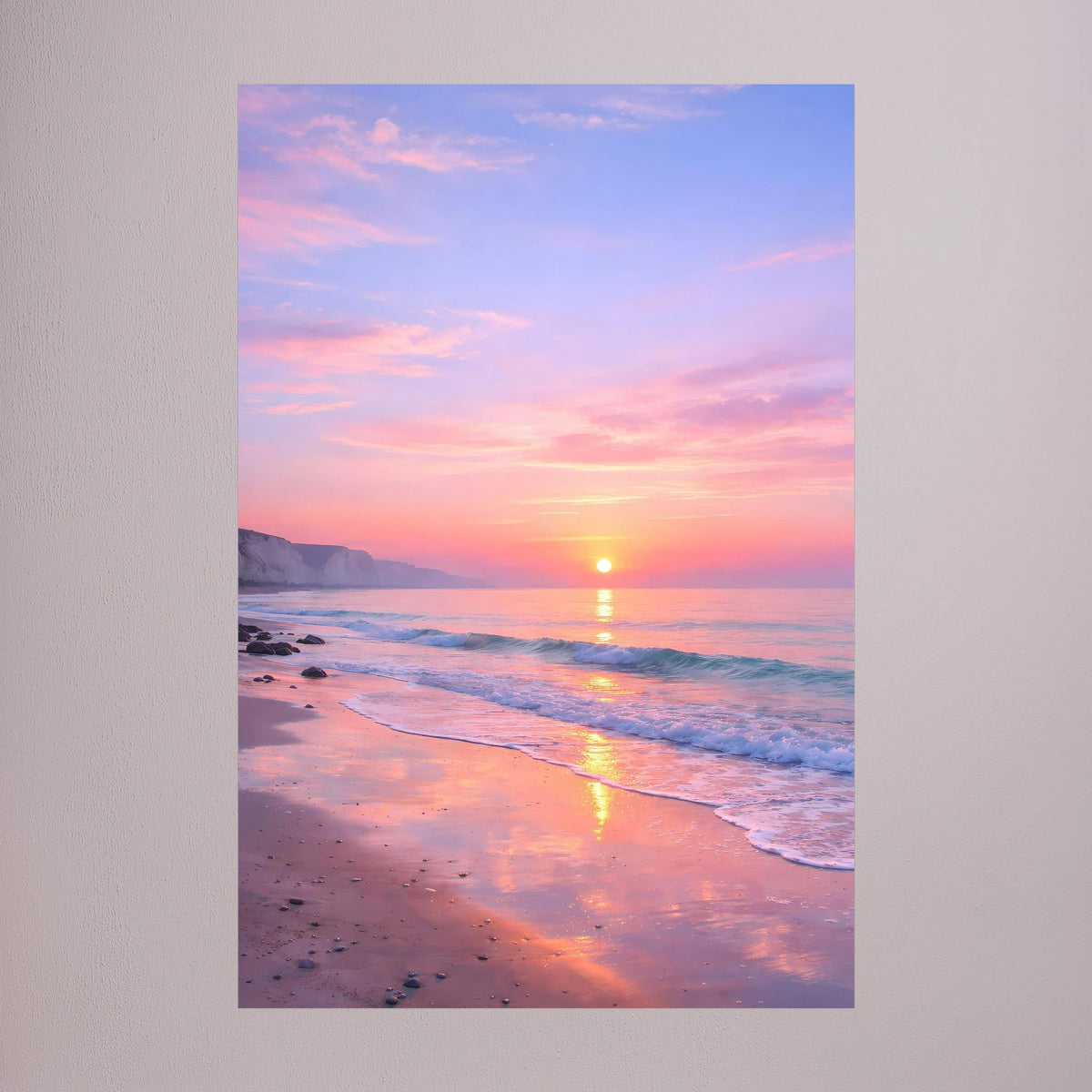 Wandbild Poster Sonnenaufgang am Meer mit Spiegelung am Strand, Hochformat