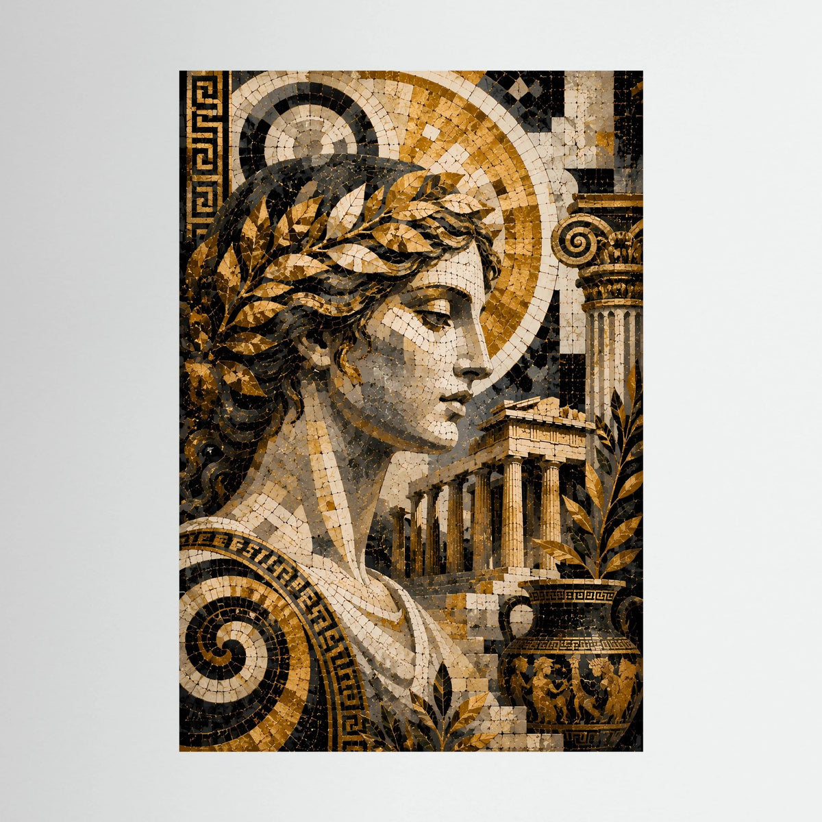 Griechisches Göttinnen-Mosaikposter in Gold und Schwarz, Profil mit Tempelsäulen, hochformat